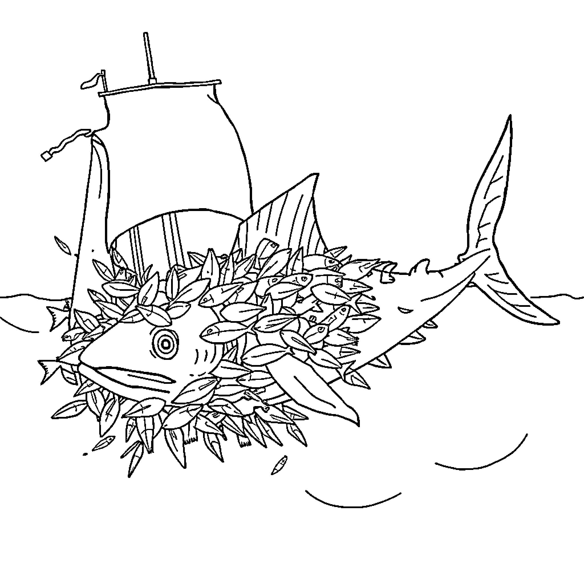 Calamar's fantastical underwater vessel Coloring Page (free black-and-white line drawing printable PDF for all, from beginners to advanced learners, including children, teens, adults, and seniors)