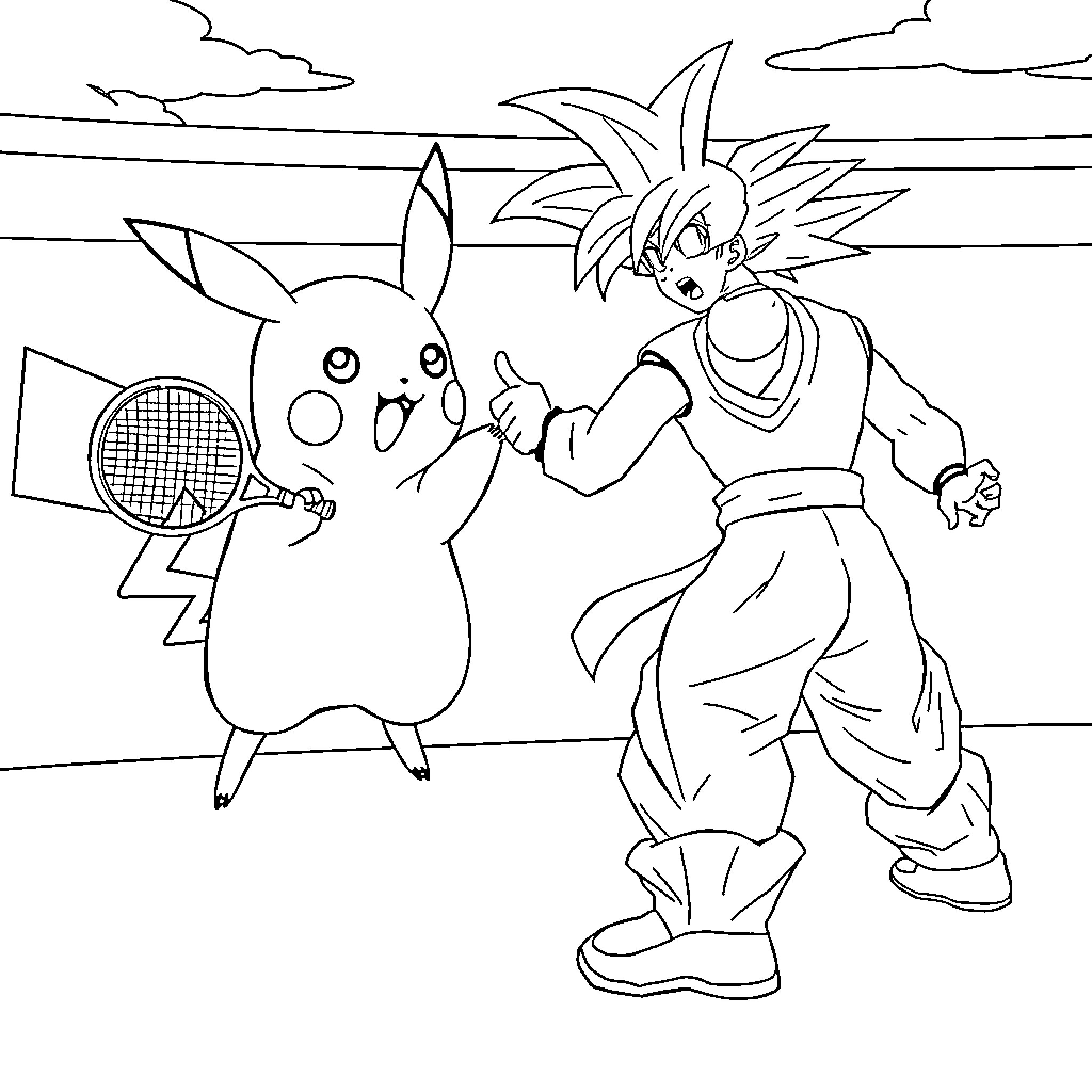 Pikachu and Goku playing sports together Coloring Page (free black-and-white line drawing printable PDF for all, from beginners to advanced learners, including children, teens, adults, and seniors)