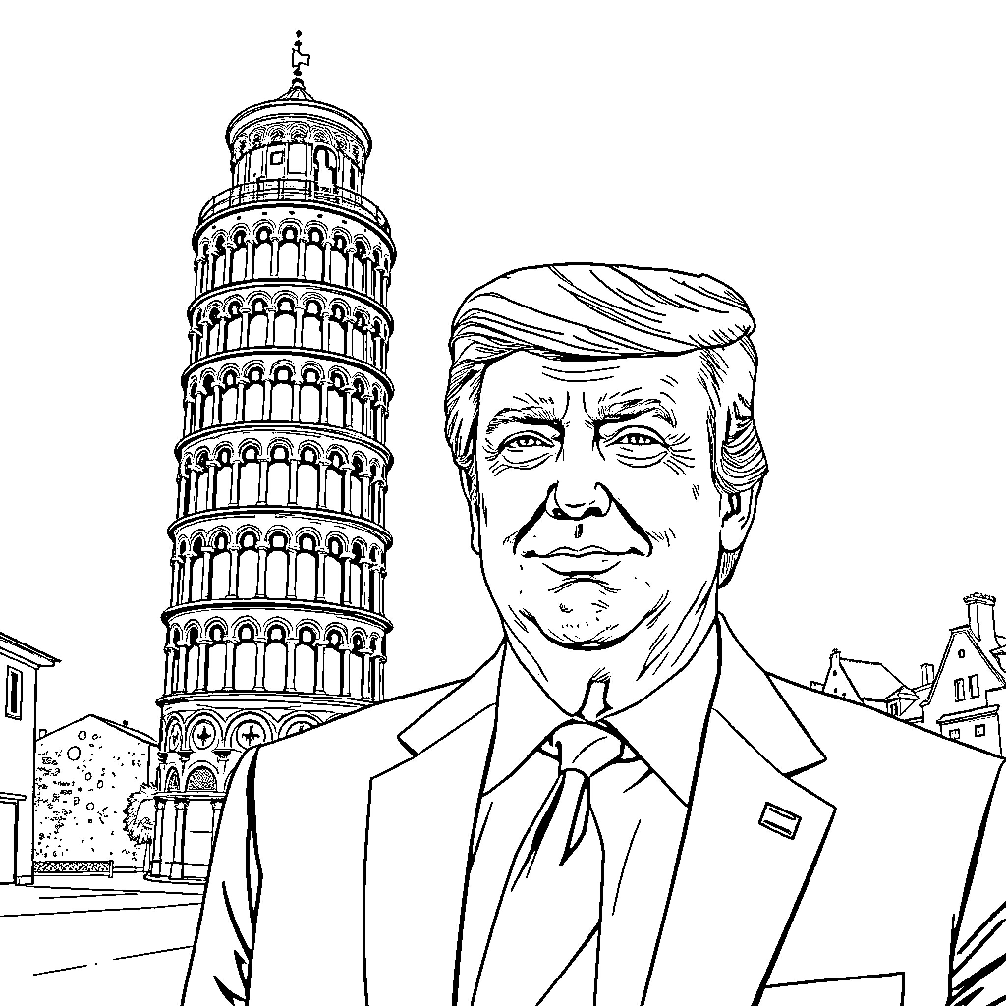 Donald Trump at the Leaning Tower of Pisa Coloring Page (free black-and-white line drawing printable PDF for all, from beginners to advanced learners, including children, teens, adults, and seniors)
