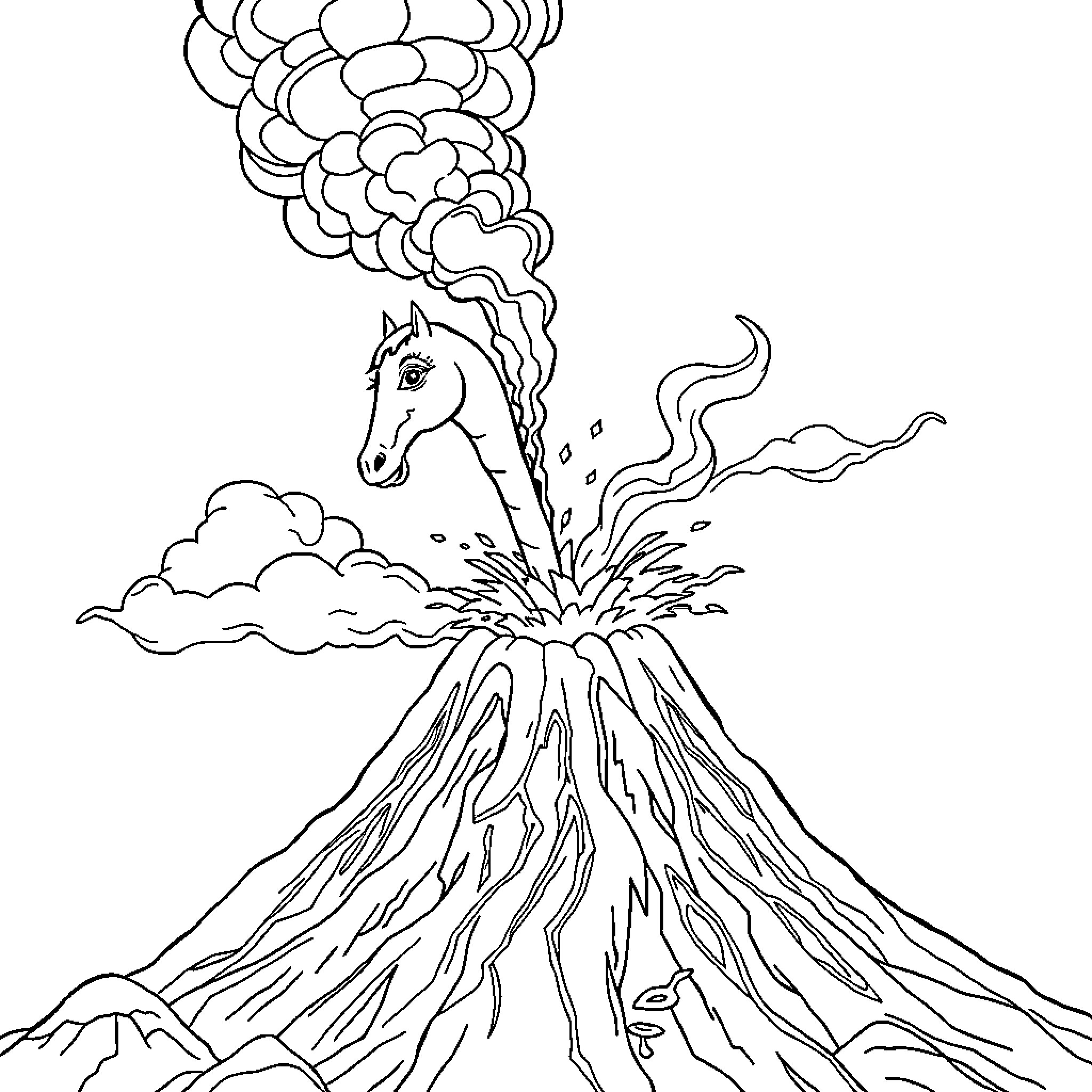 Dog Erupting from Volcano with Cloudy Smoke Coloring Page (free black-and-white line drawing printable PDF for all, from beginners to advanced learners, including children, teens, adults, and seniors)
