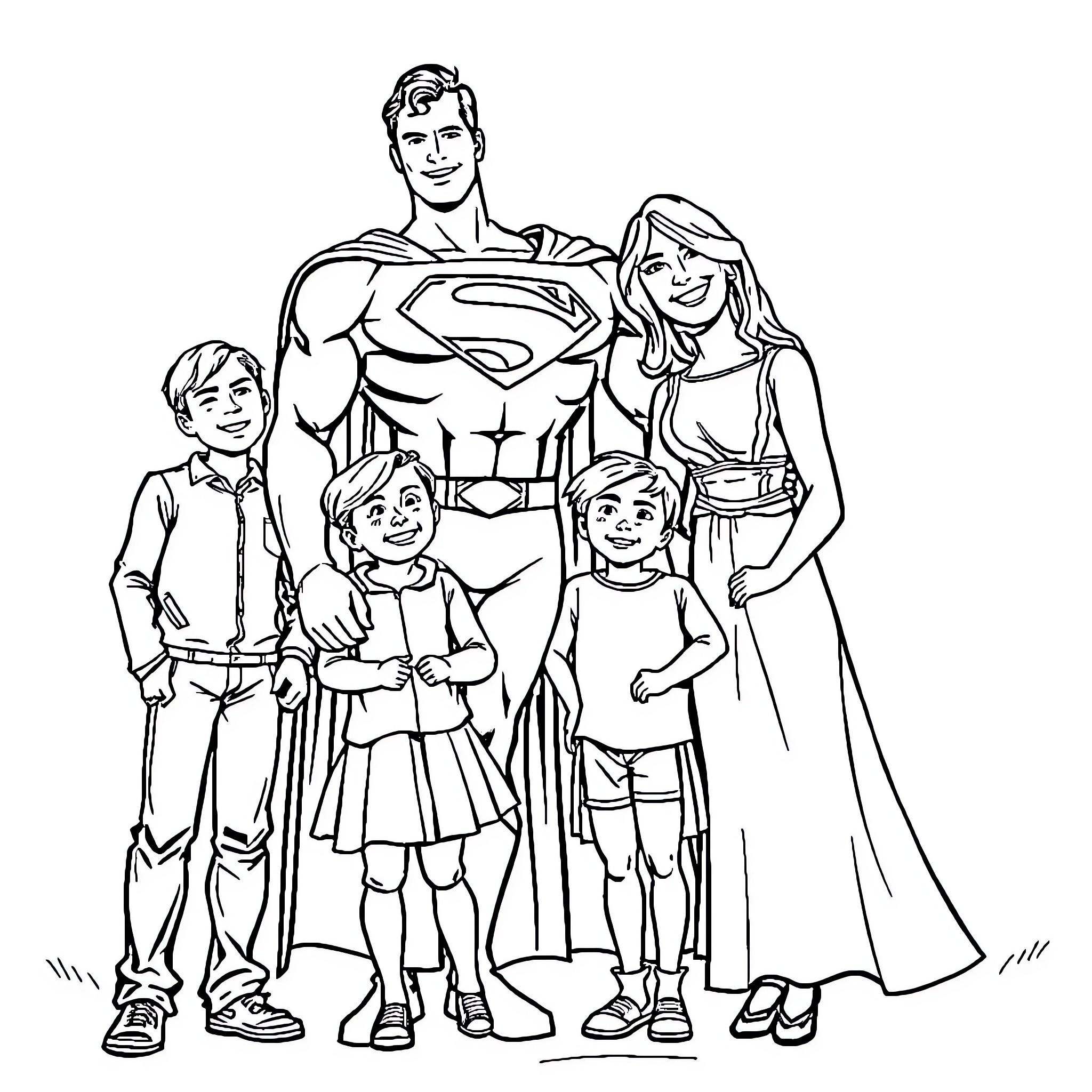 Superman posing with a happy family Coloring Page (free black-and-white line drawing printable PDF for all, from beginners to advanced learners, including children, teens, adults, and seniors)