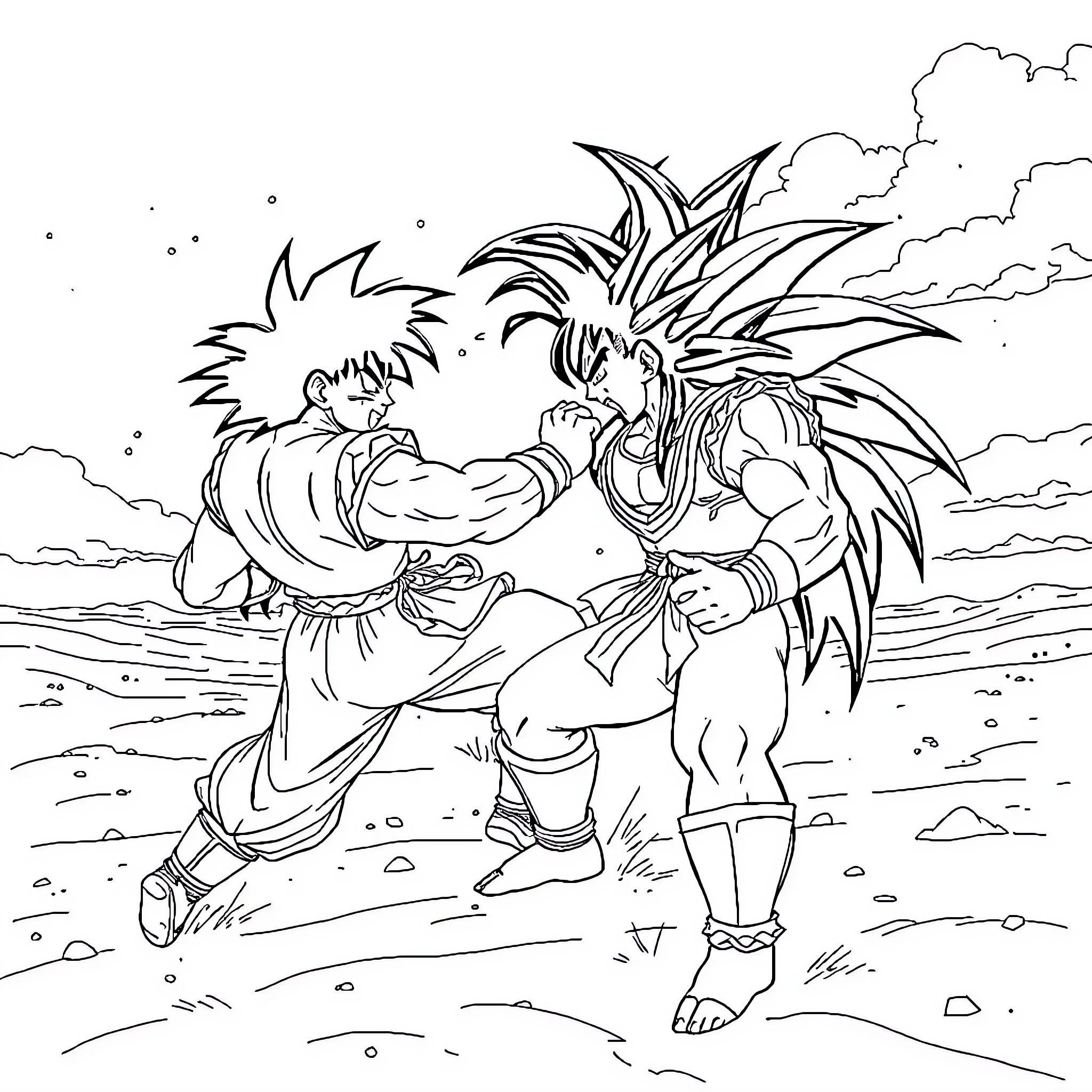 Broly's Fierce Confrontation in the Stormy Landscape Coloring Page (free black-and-white line drawing printable PDF for all, from beginners to advanced learners, including children, teens, adults, and seniors)