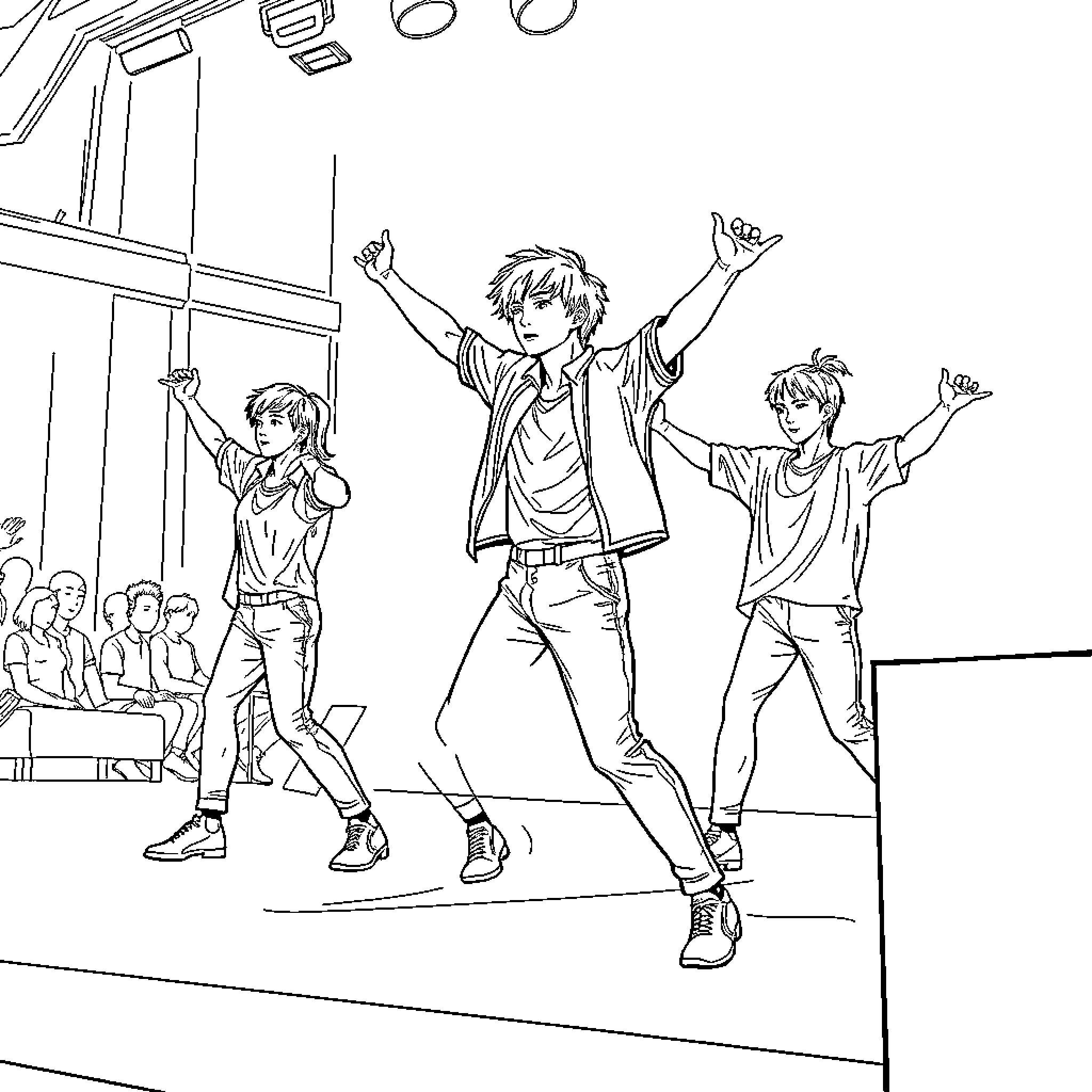K Pop Performers Entertaining Audience on Stage Coloring Page (free black-and-white line drawing printable PDF for all, from beginners to advanced learners, including children, teens, adults, and seniors)