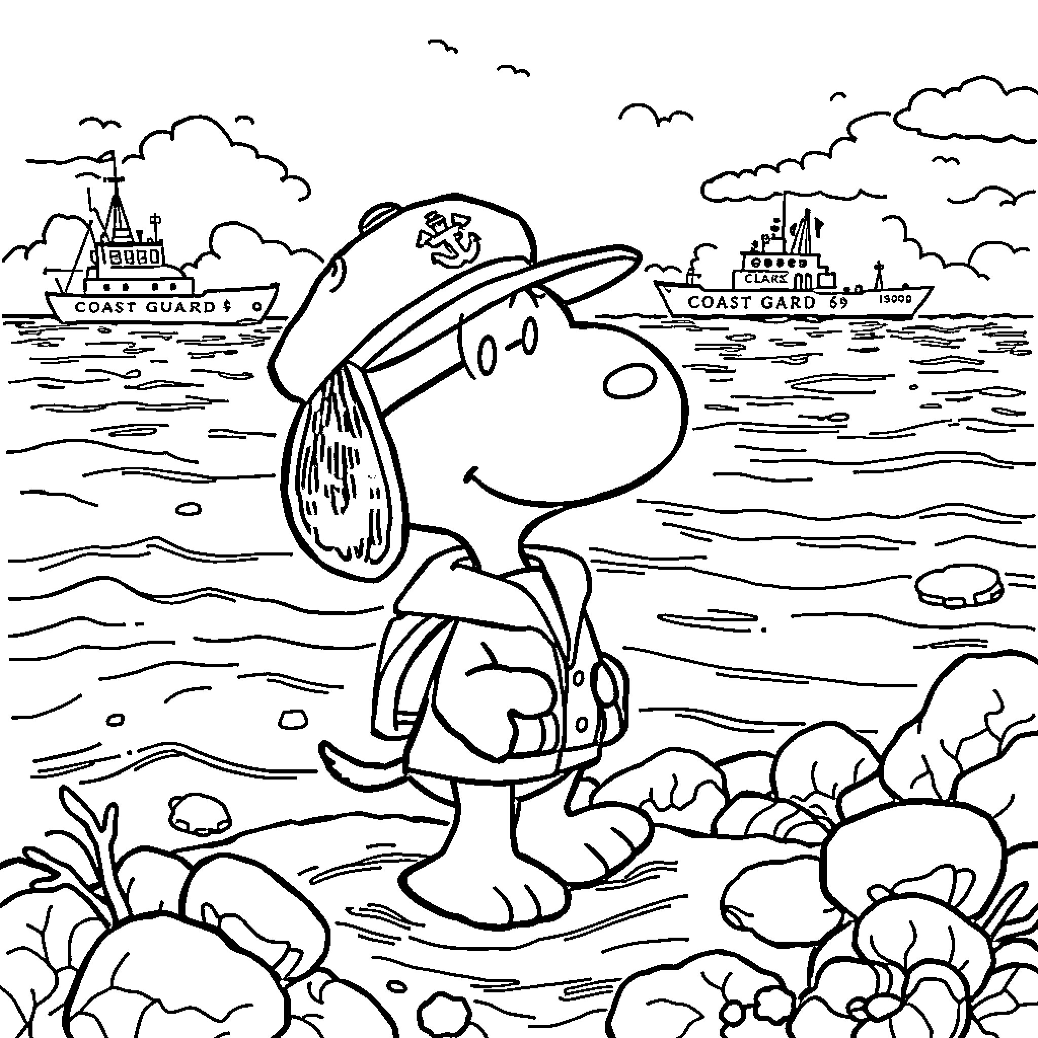 Snoopy the Coast Guard Sailor by the Seashore Coloring Page (free black-and-white line drawing printable PDF for all, from beginners to advanced learners, including children, teens, adults, and seniors)