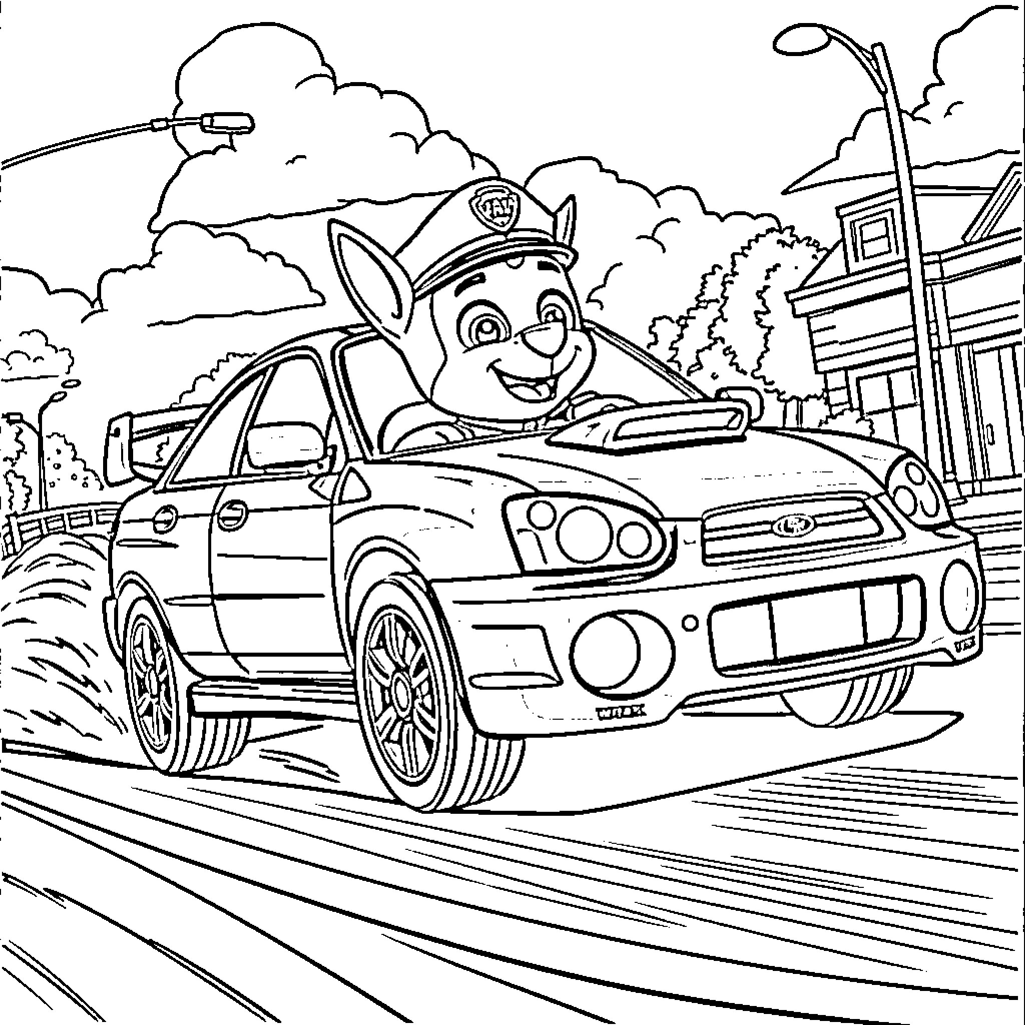 Wrx police car zooming on the road Coloring Page (free black-and-white line drawing printable PDF for all, from beginners to advanced learners, including children, teens, adults, and seniors)