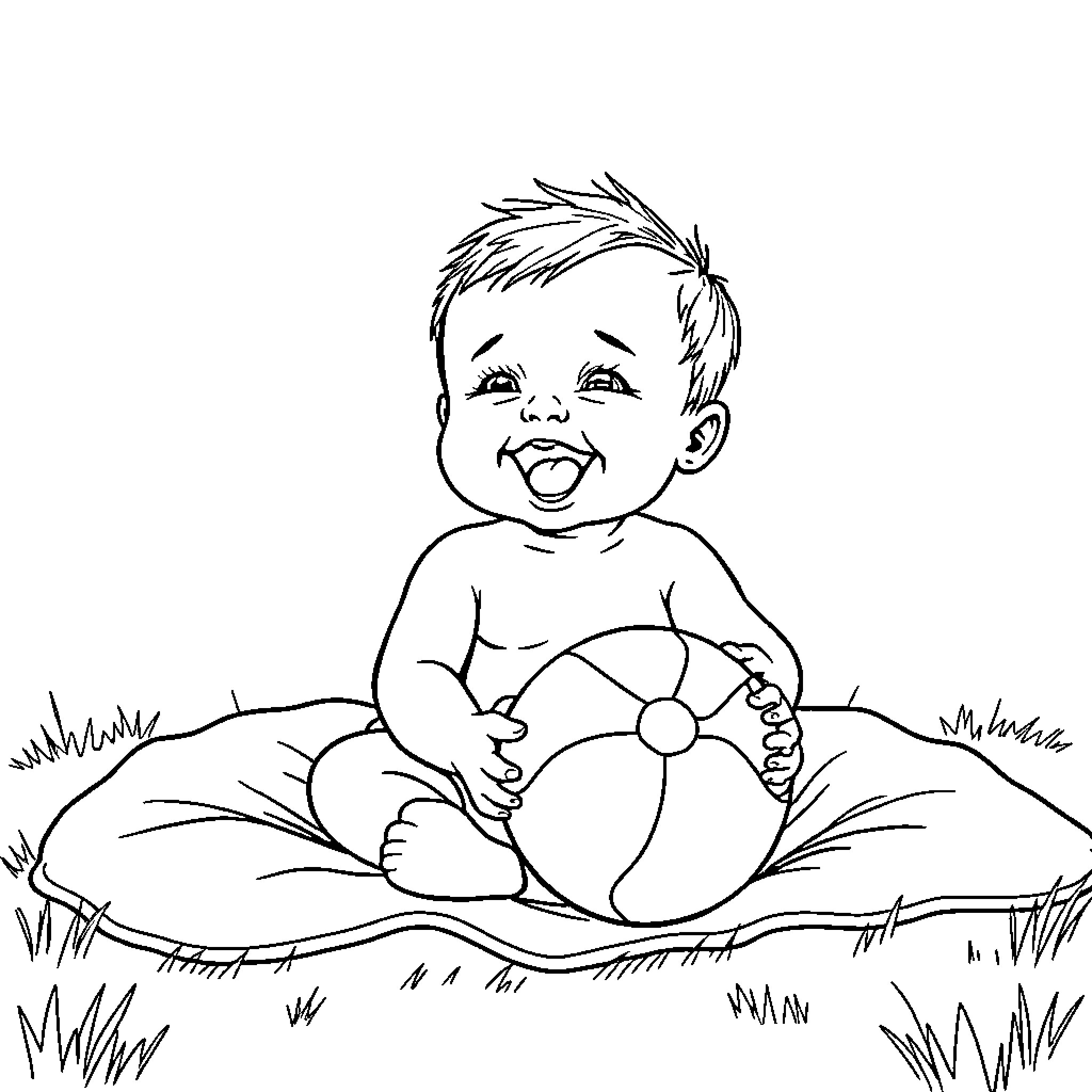 Baby playing happily with a ball on the grass Coloring Page (free black-and-white line drawing printable PDF for all, from beginners to advanced learners, including children, teens, adults, and seniors)