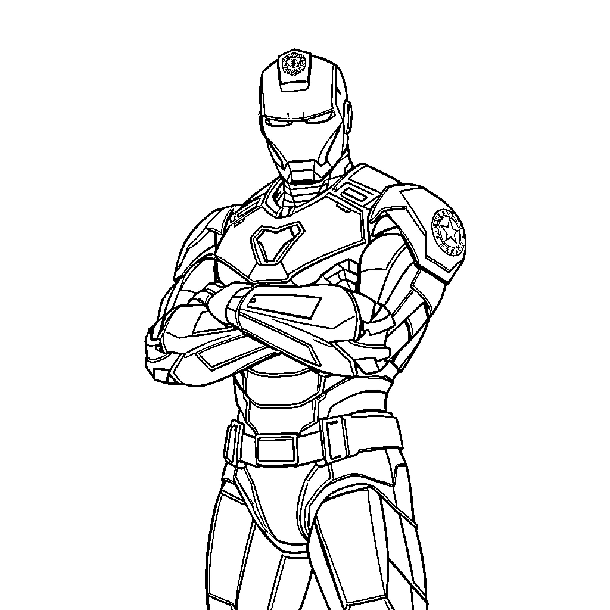 Iron Man in combat-ready stance Coloring Page (free black-and-white line drawing printable PDF for all, from beginners to advanced learners, including children, teens, adults, and seniors)
