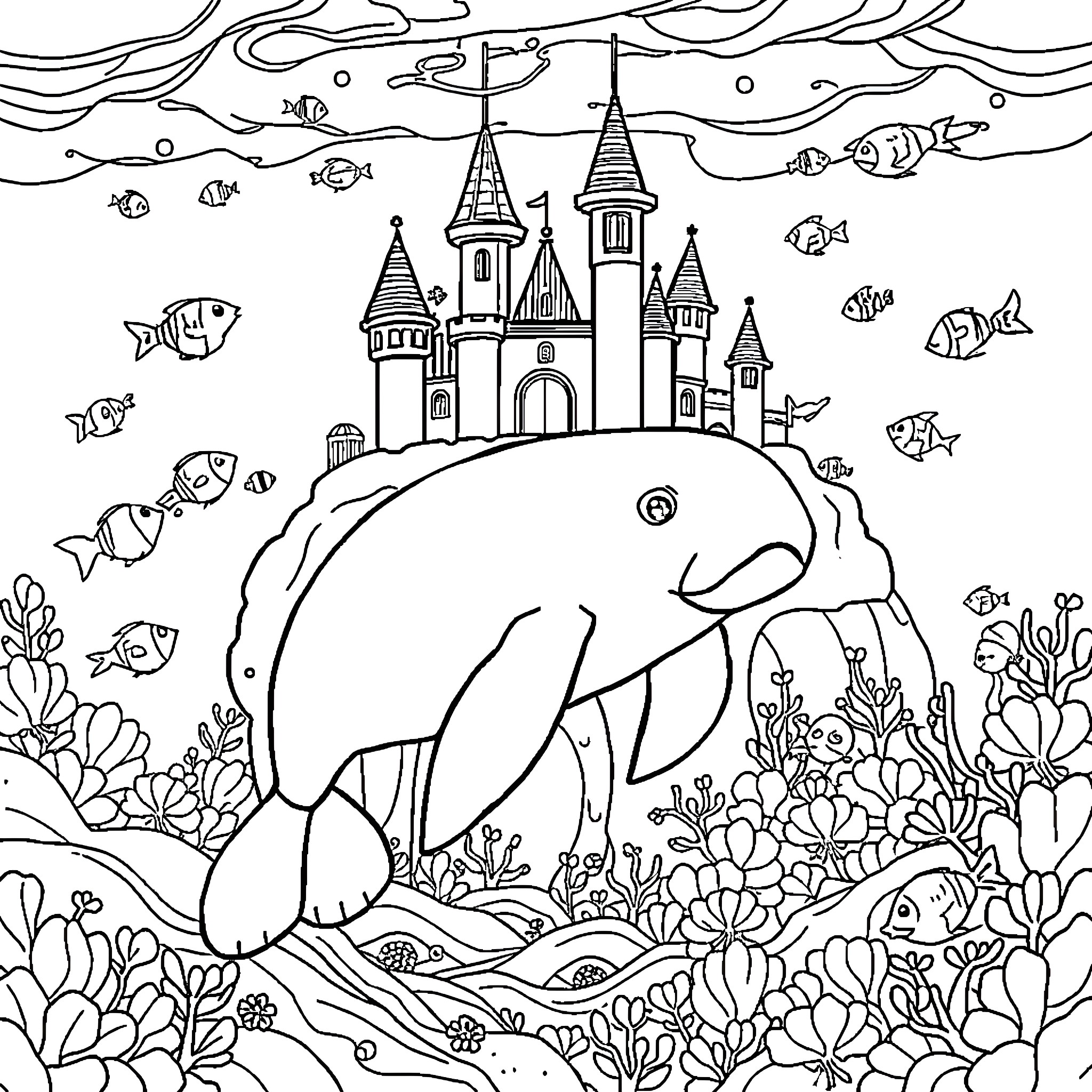 Manatee exploring an underwater castle landscape Coloring Page (free black-and-white line drawing printable PDF for all, from beginners to advanced learners, including children, teens, adults, and seniors)