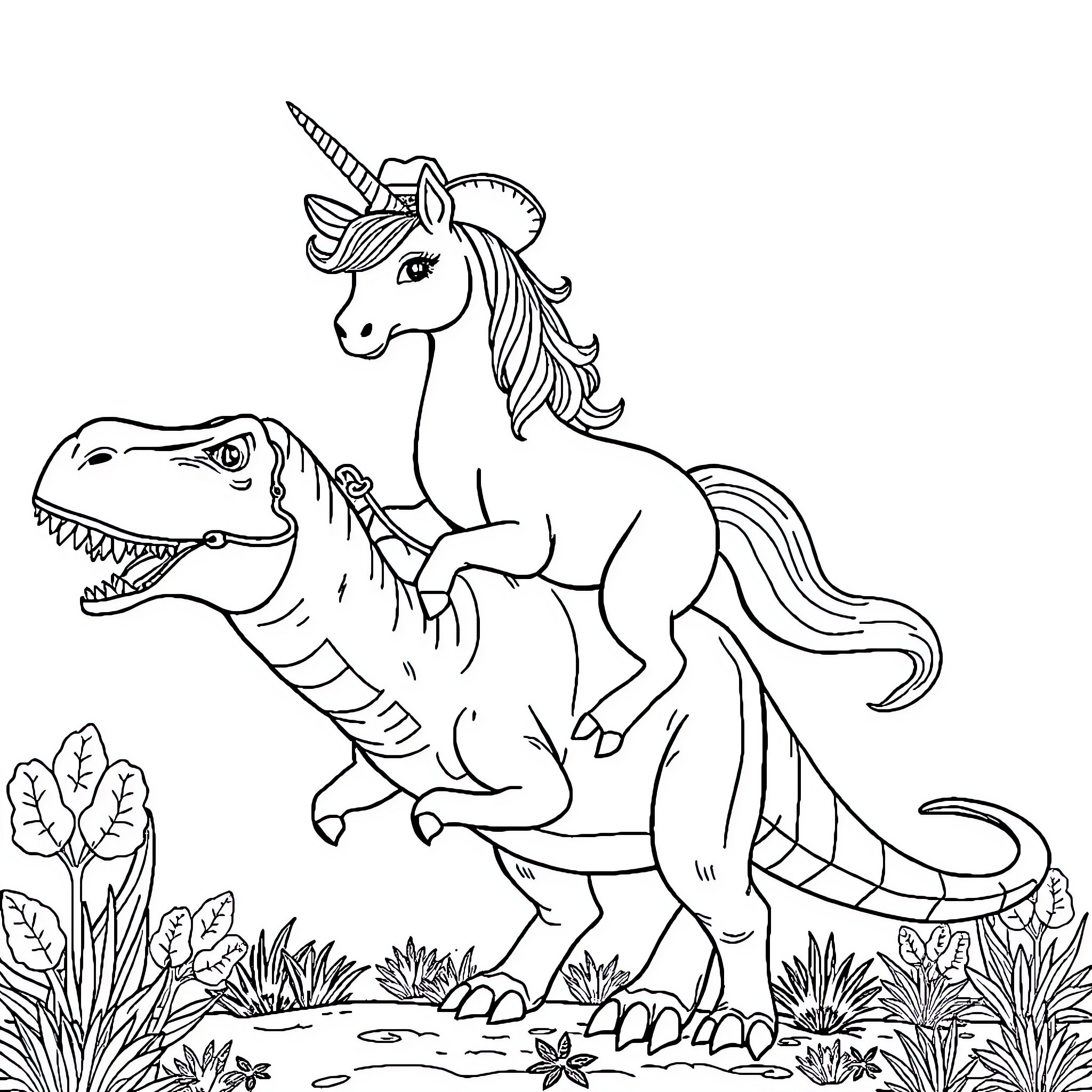 Unicorn riding a Tyrannosaurus Rex in a magical forest Coloring Page (free black-and-white line drawing printable PDF for all, from beginners to advanced learners, including children, teens, adults, and seniors)