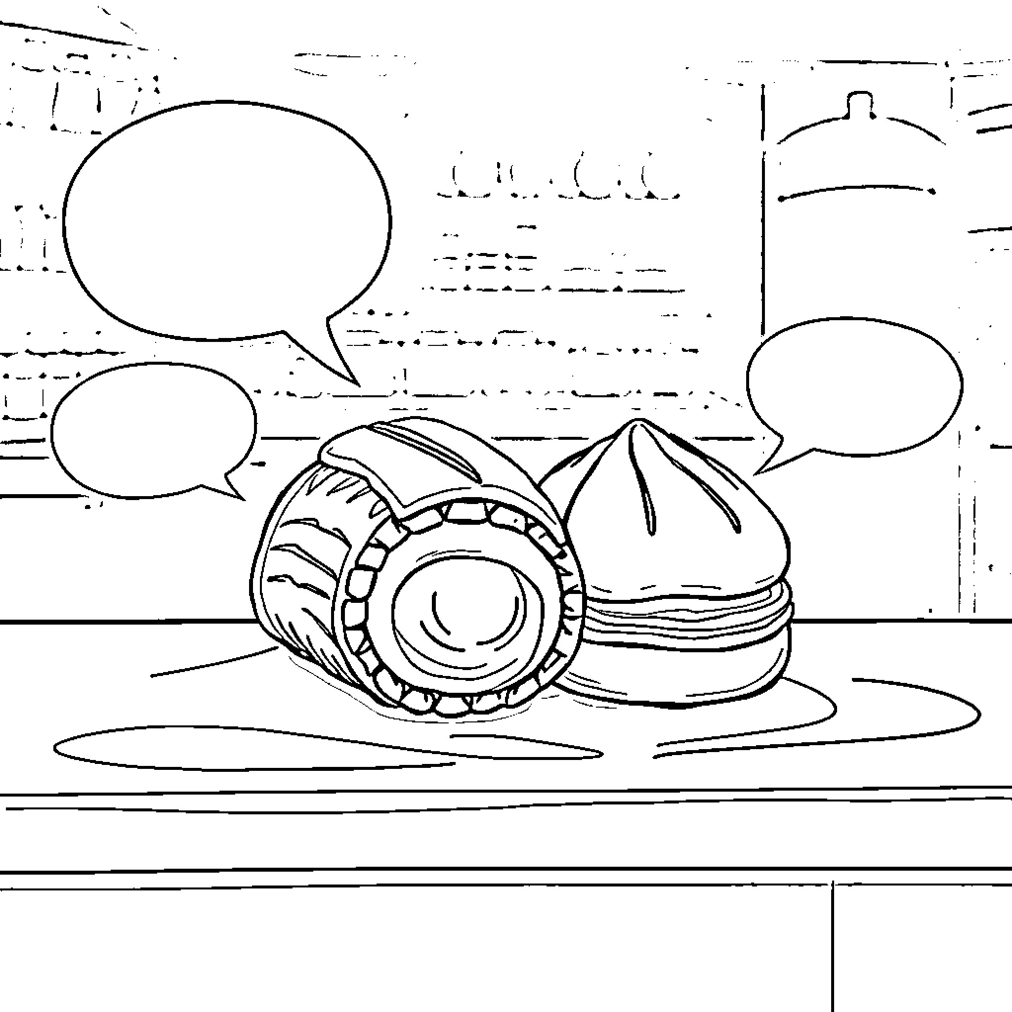 Dessert with thought bubbles and kitchen utensils Coloring Page (free black-and-white line drawing printable PDF for all, from beginners to advanced learners, including children, teens, adults, and seniors)