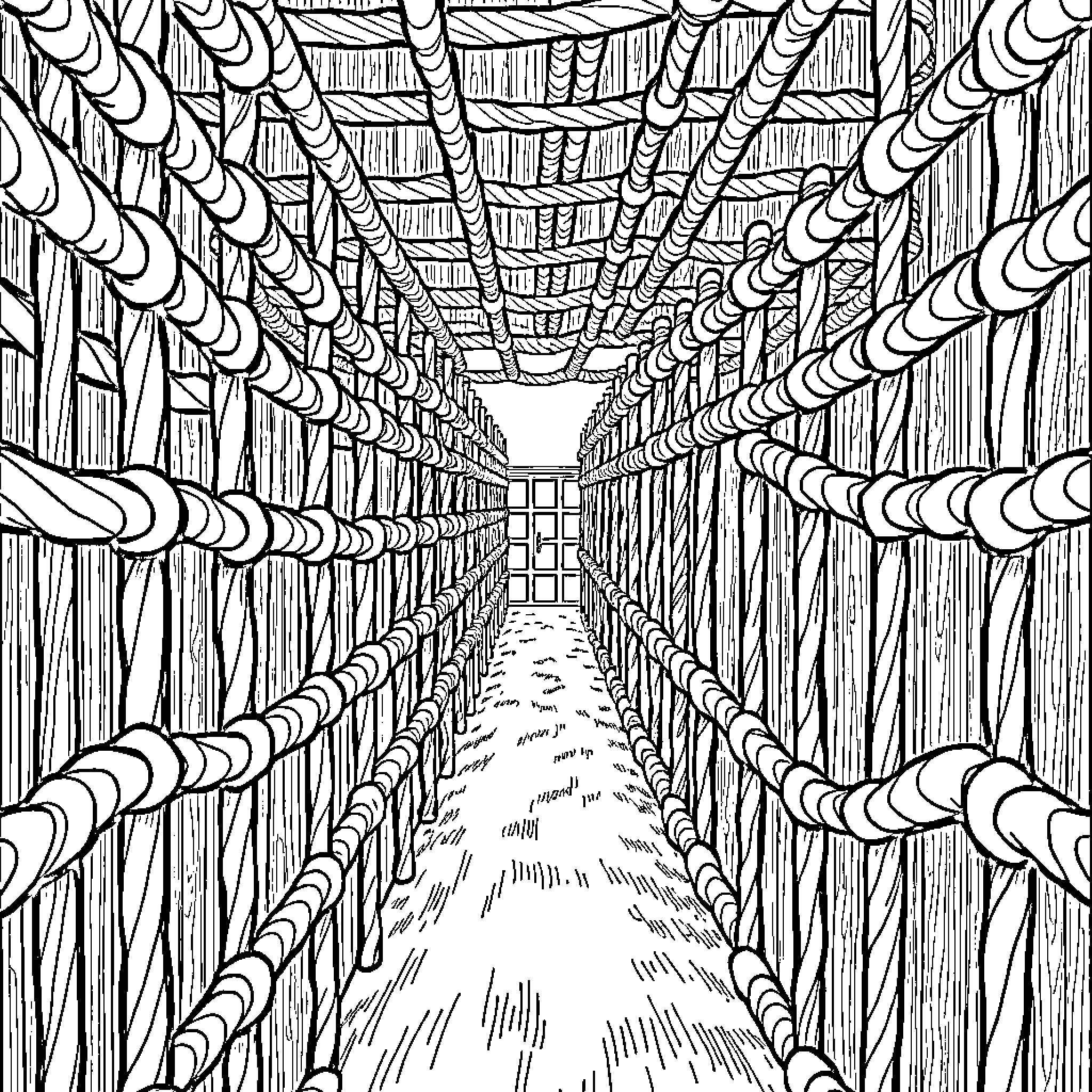 Maze of intricate wooden pathways Coloring Page (free black-and-white line drawing printable PDF for all, from beginners to advanced learners, including children, teens, adults, and seniors)