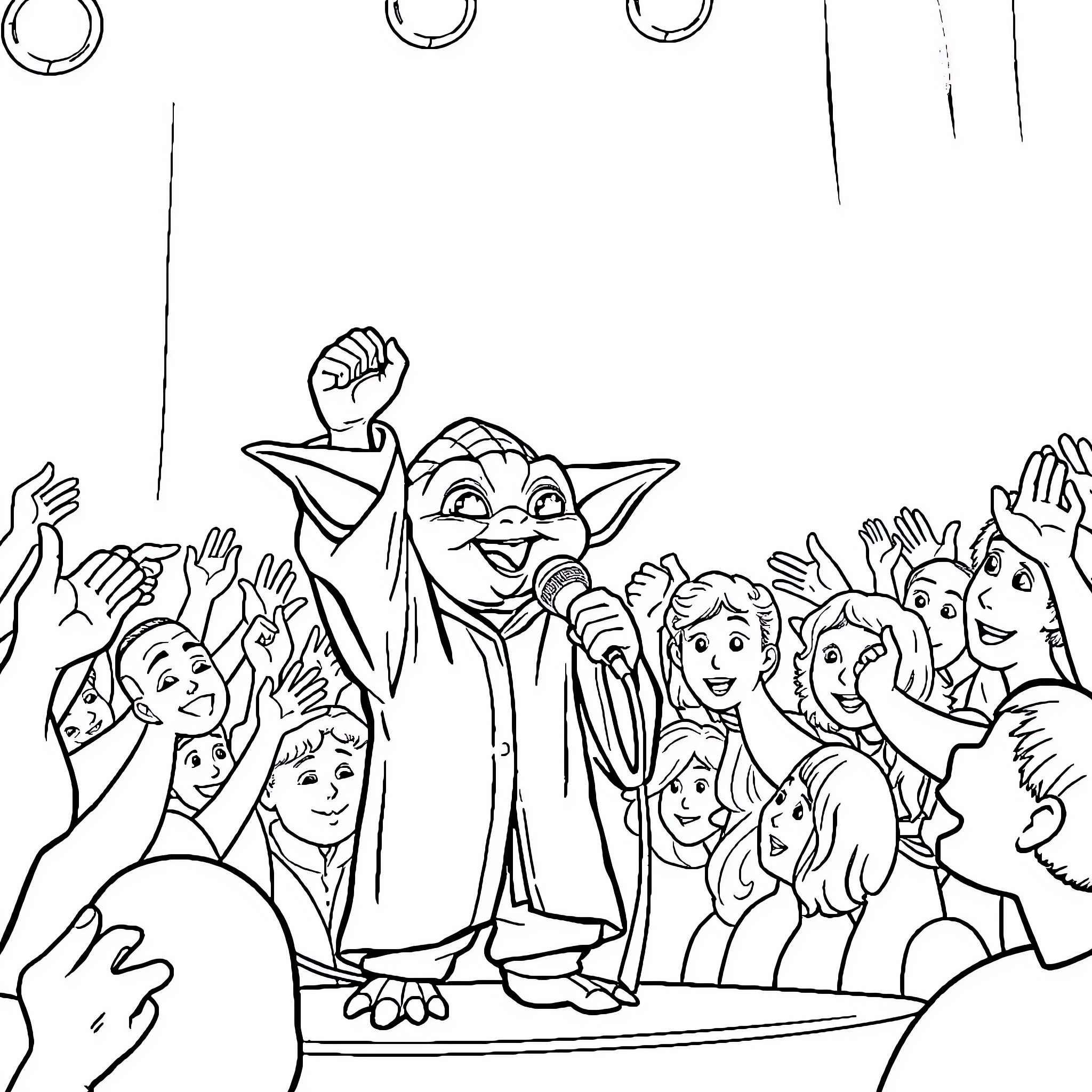 Yoda entertaining a crowd of enthusiastic onlookers Coloring Page (free black-and-white line drawing printable PDF for all, from beginners to advanced learners, including children, teens, adults, and seniors)
