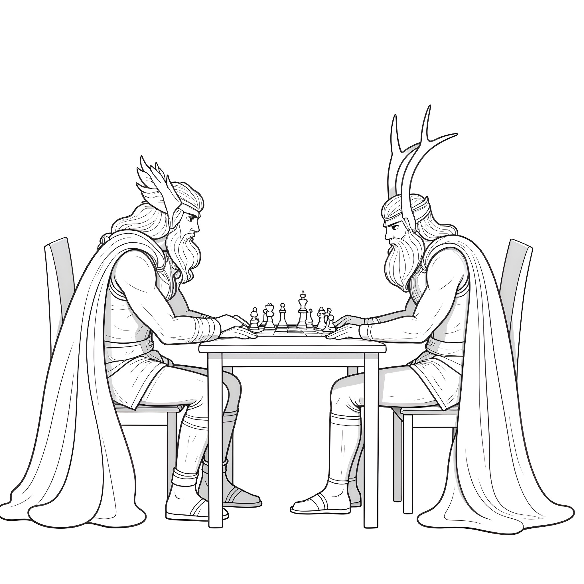 Thor and Loki playing chess in Asgard Coloring Page (free black-and-white line drawing printable PDF for all, from beginners to advanced learners, including children, teens, adults, and seniors)