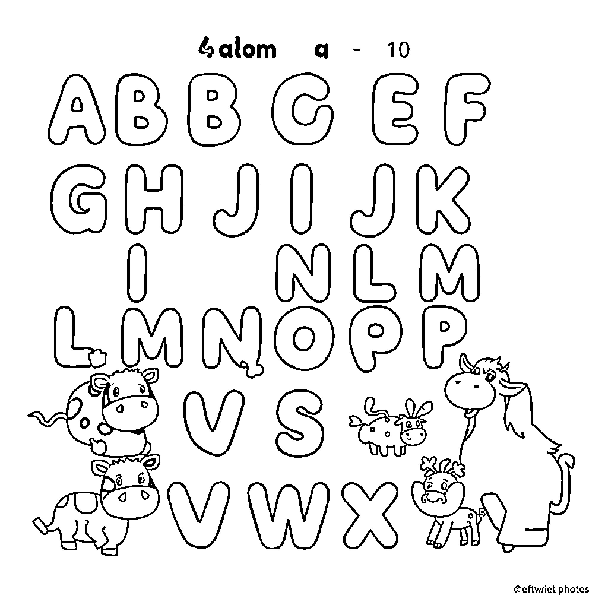 Educational Worksheet with Alphabet and Farm Animals Coloring Page (free black-and-white line drawing printable PDF for all, from beginners to advanced learners, including children, teens, adults, and seniors)