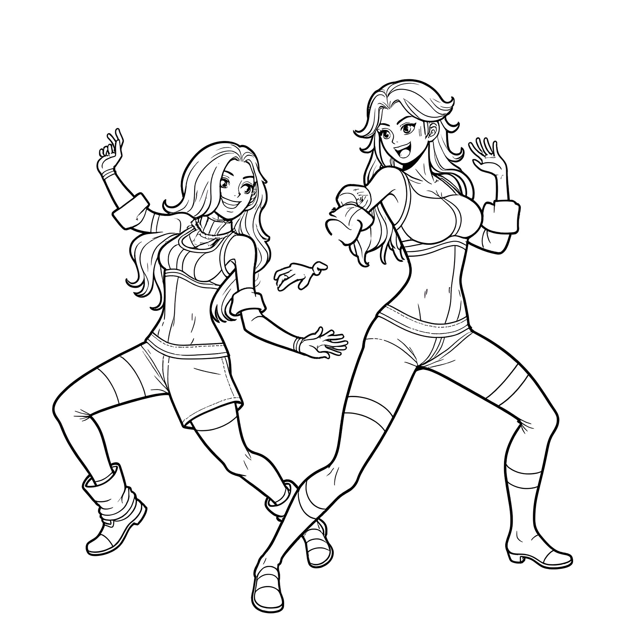 Nami and her friend dancing joyfully Coloring Page (free black-and-white line drawing printable PDF for all, from beginners to advanced learners, including children, teens, adults, and seniors)