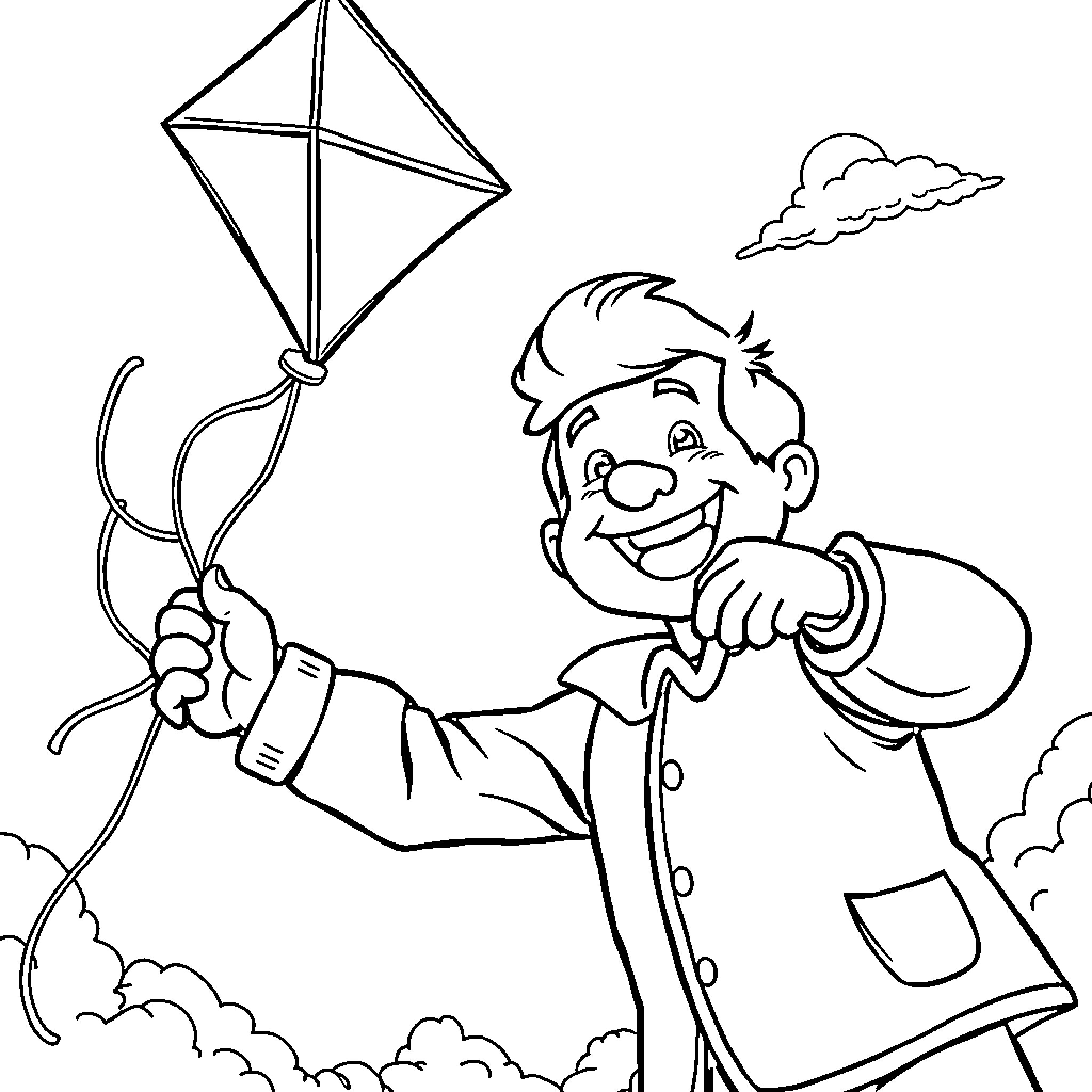 Doc Brown flying a kite in the clouds Coloring Page (free black-and-white line drawing printable PDF for all, from beginners to advanced learners, including children, teens, adults, and seniors)