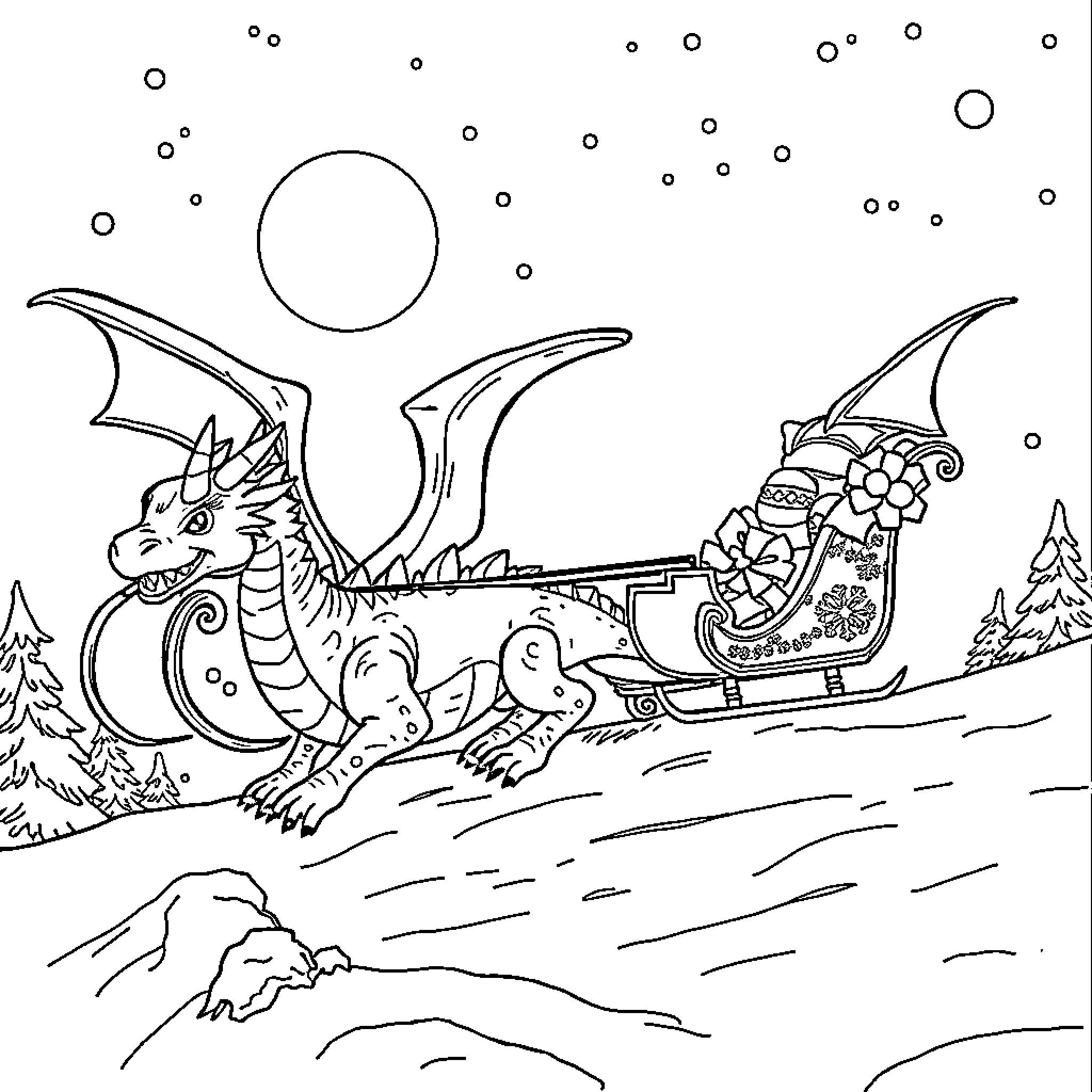 Dragon pulling a sleigh in the winter landscape Coloring Page (free black-and-white line drawing printable PDF for all, from beginners to advanced learners, including children, teens, adults, and seniors)