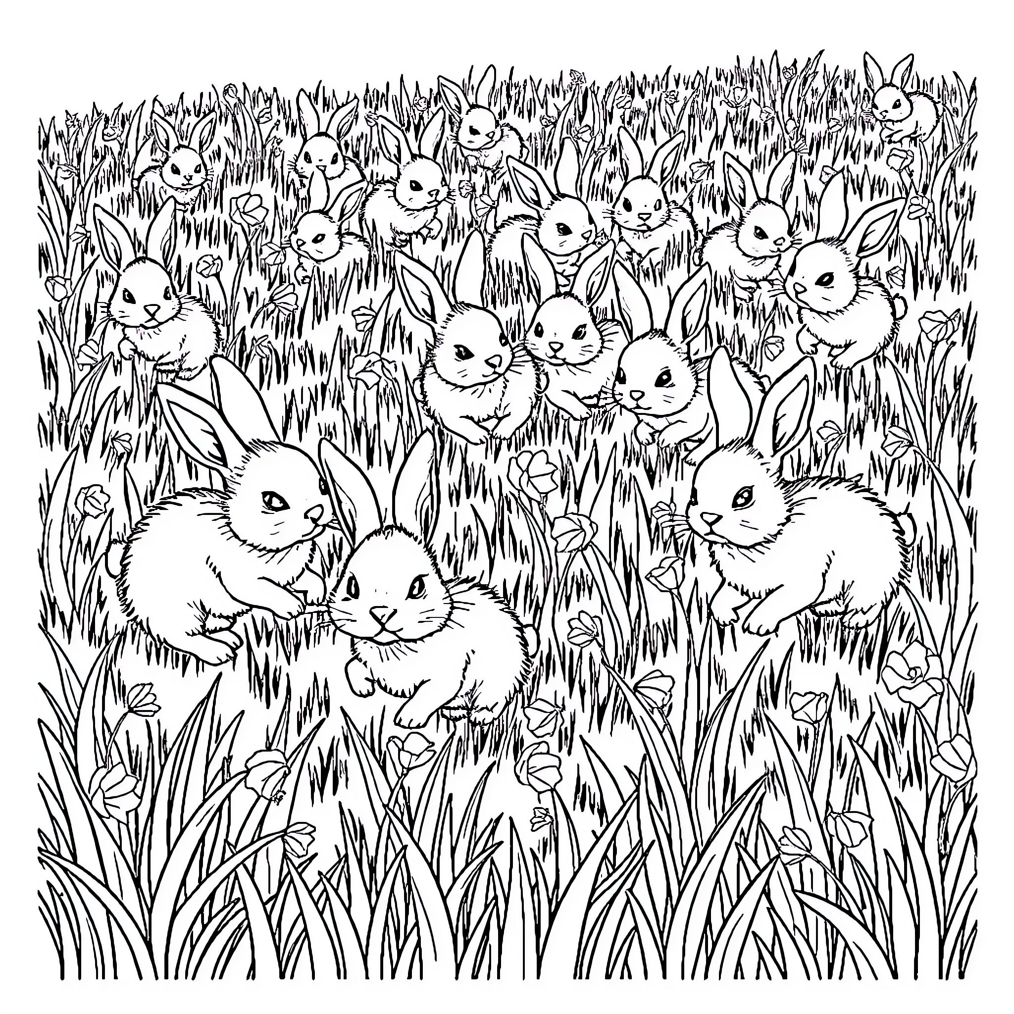 Bunnies frolicking in a grassy meadow Coloring Page (free black-and-white line drawing printable PDF for all, from beginners to advanced learners, including children, teens, adults, and seniors)