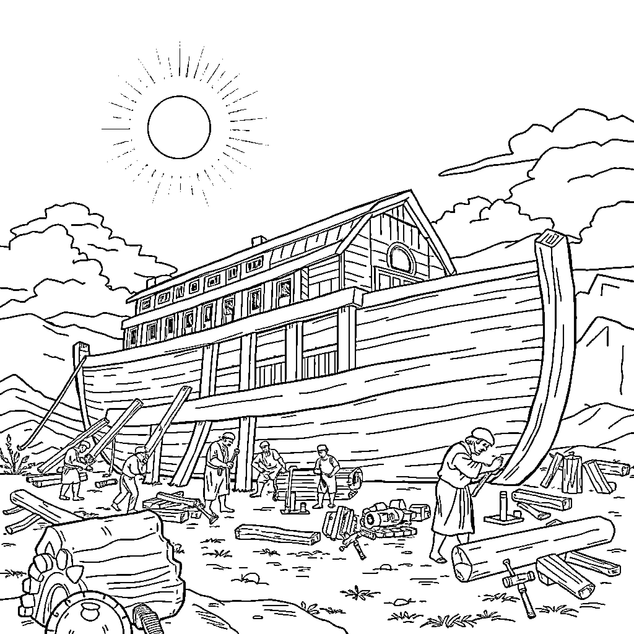 Noah's Ark with animals and people gathering supplies Coloring Page (free black-and-white line drawing printable PDF for all, from beginners to advanced learners, including children, teens, adults, and seniors)