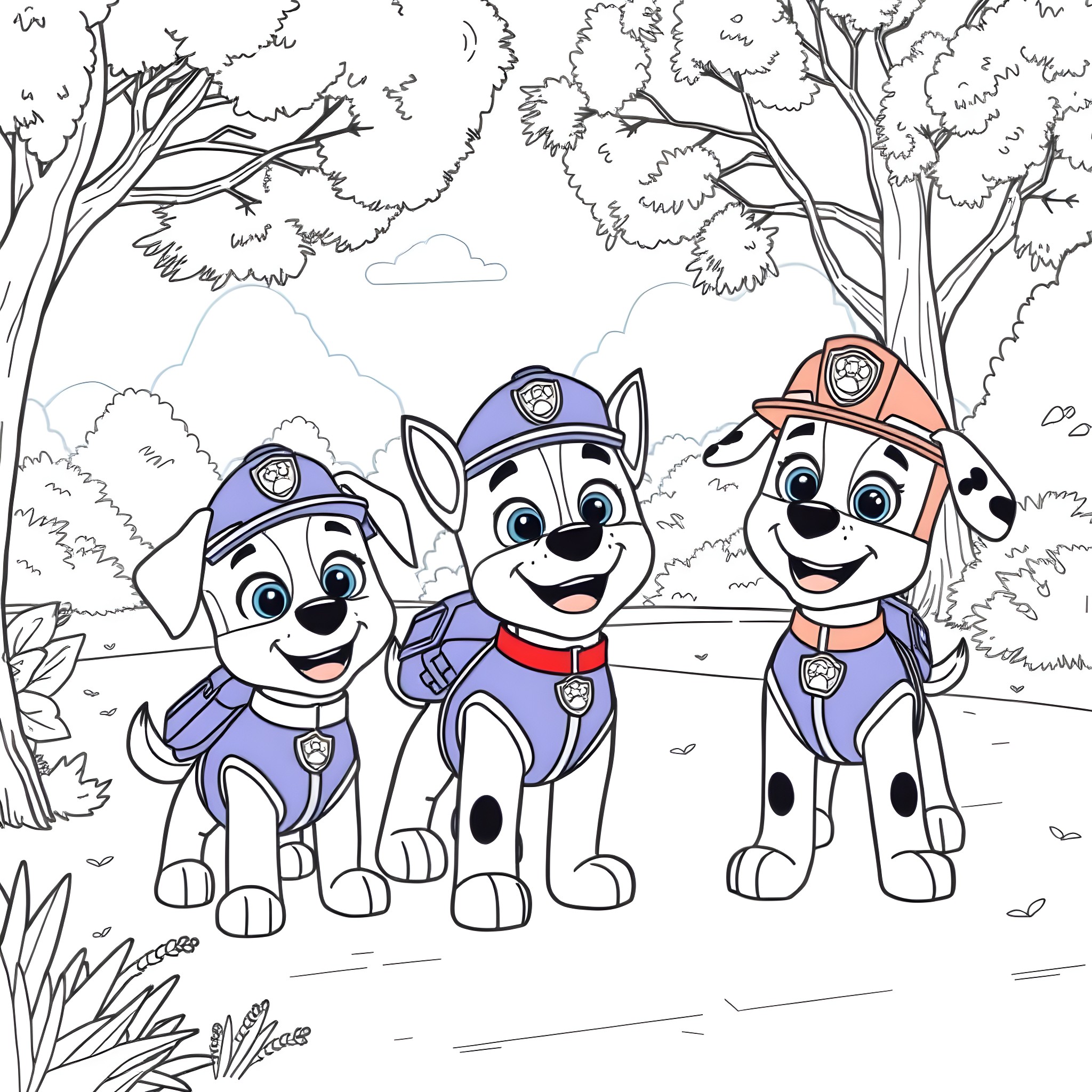 Paw Patrol Pups on a Mission in the Forest Coloring Page (free black-and-white line drawing printable PDF for all, from beginners to advanced learners, including children, teens, adults, and seniors)