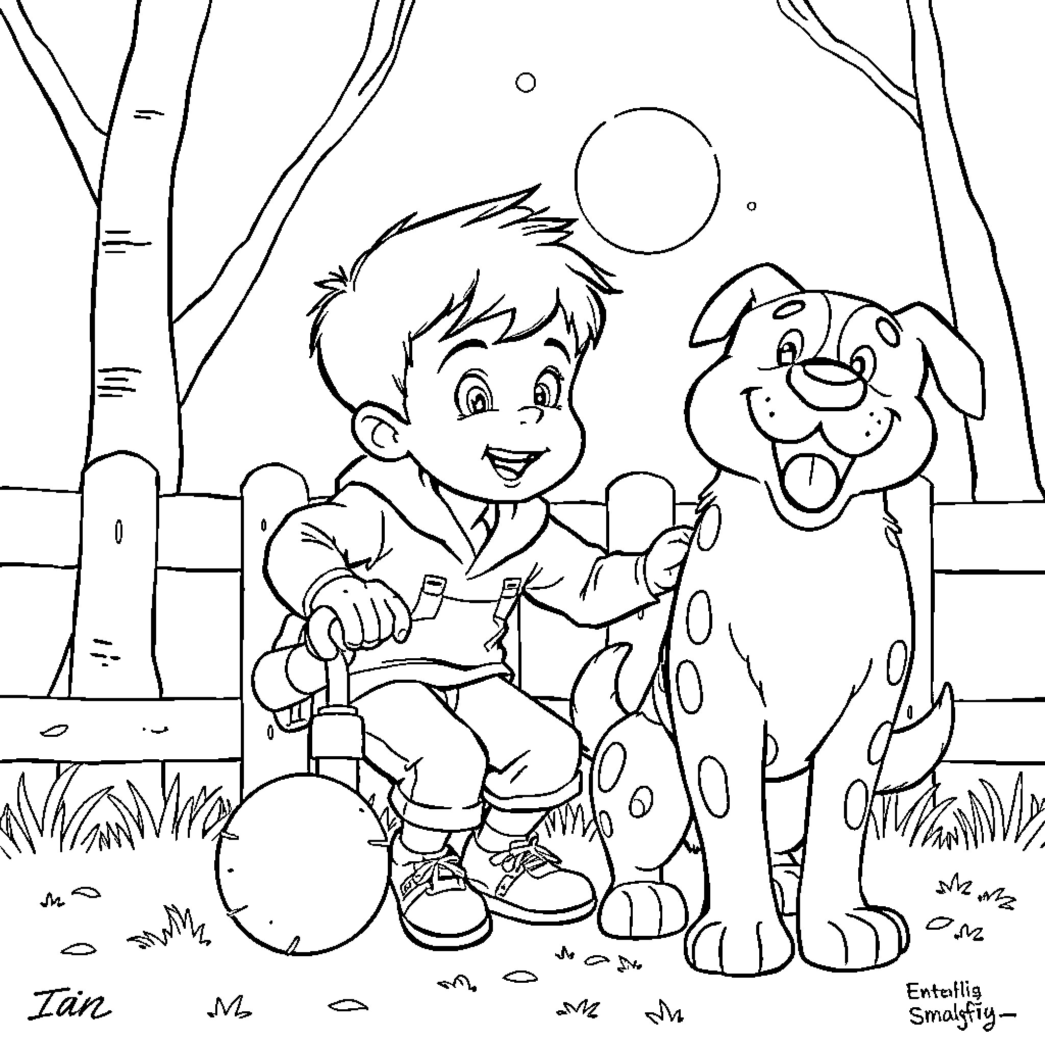Patrulla Canina: Boy and Puppy Exploring the Forest Coloring Page (free black-and-white line drawing printable PDF for all, from beginners to advanced learners, including children, teens, adults, and seniors)