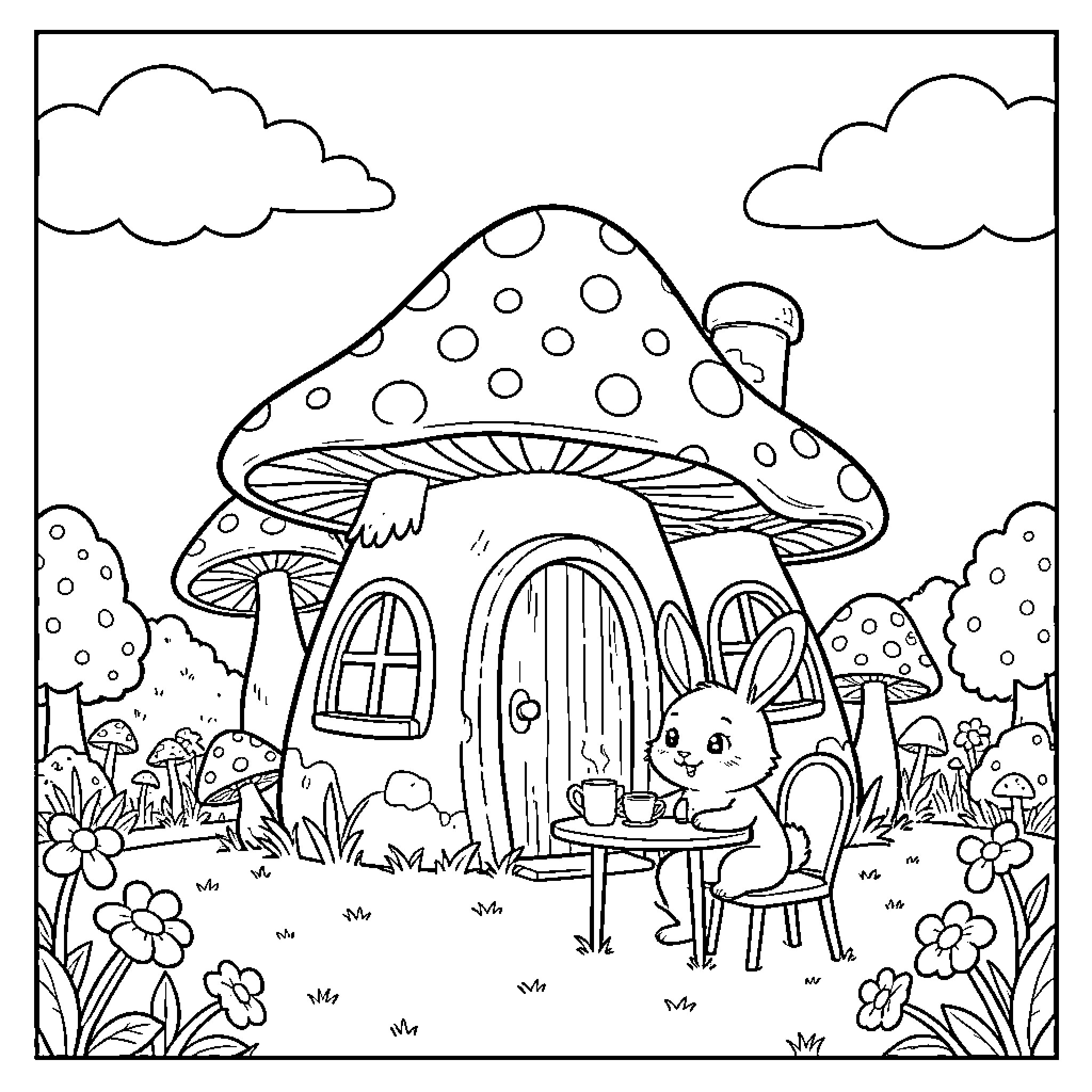 Rabbit enjoying tea in a whimsical mushroom house Coloring Page (free black-and-white line drawing printable PDF for all, from beginners to advanced learners, including children, teens, adults, and seniors)