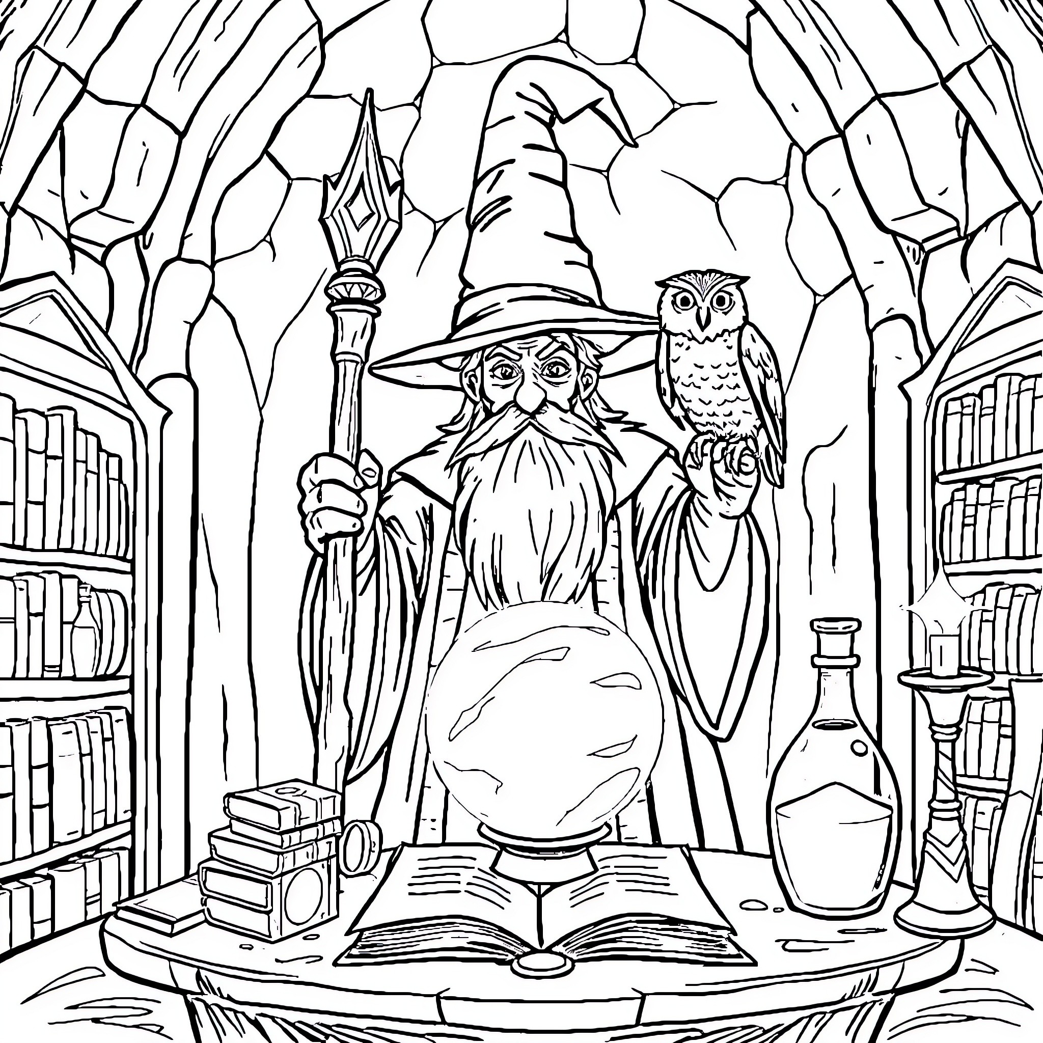 Wizard casting spells in a magical library Coloring Page (free black-and-white line drawing printable PDF for all, from beginners to advanced learners, including children, teens, adults, and seniors)