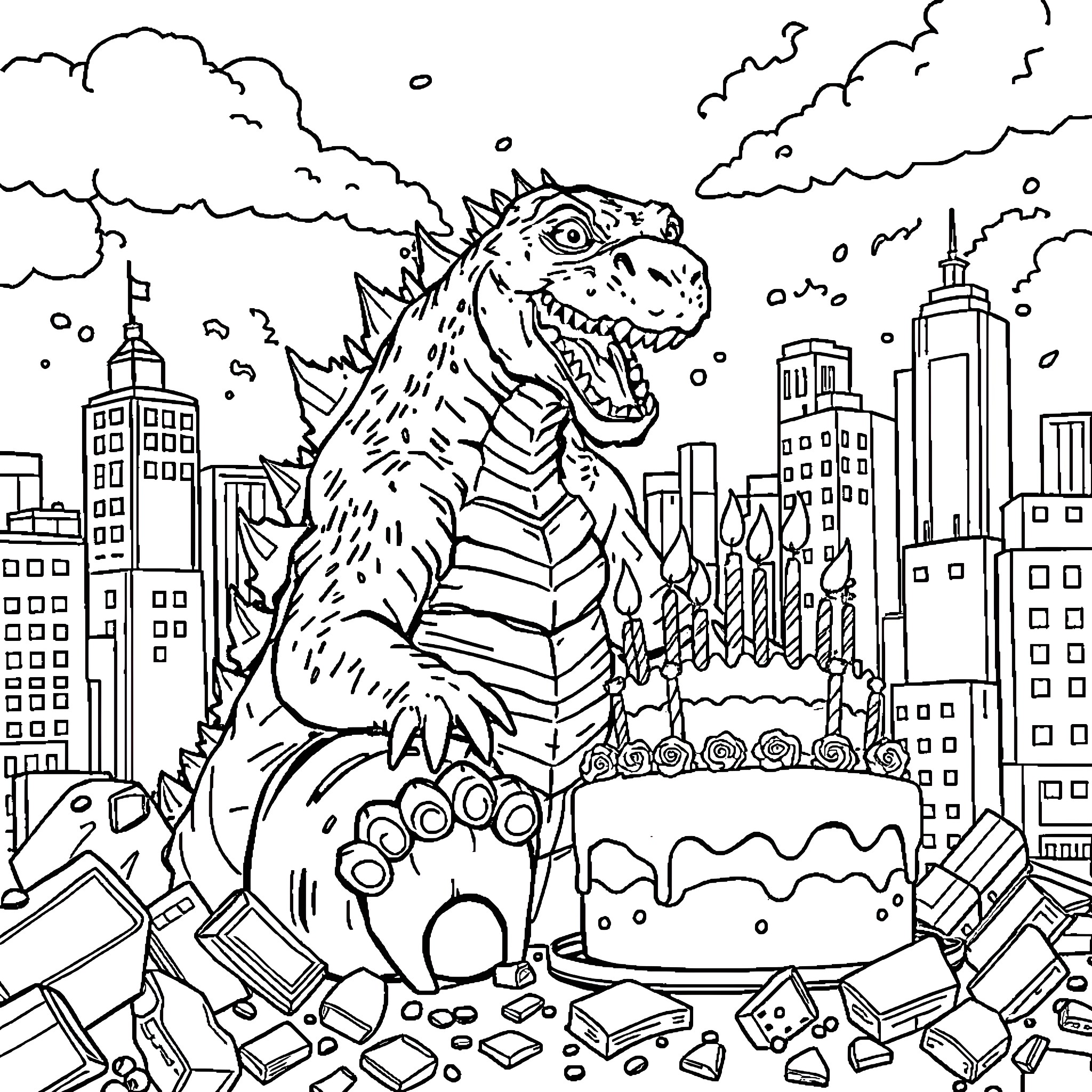Godzilla stomping through the city skyline Coloring Page (free black-and-white line drawing printable PDF for all, from beginners to advanced learners, including children, teens, adults, and seniors)