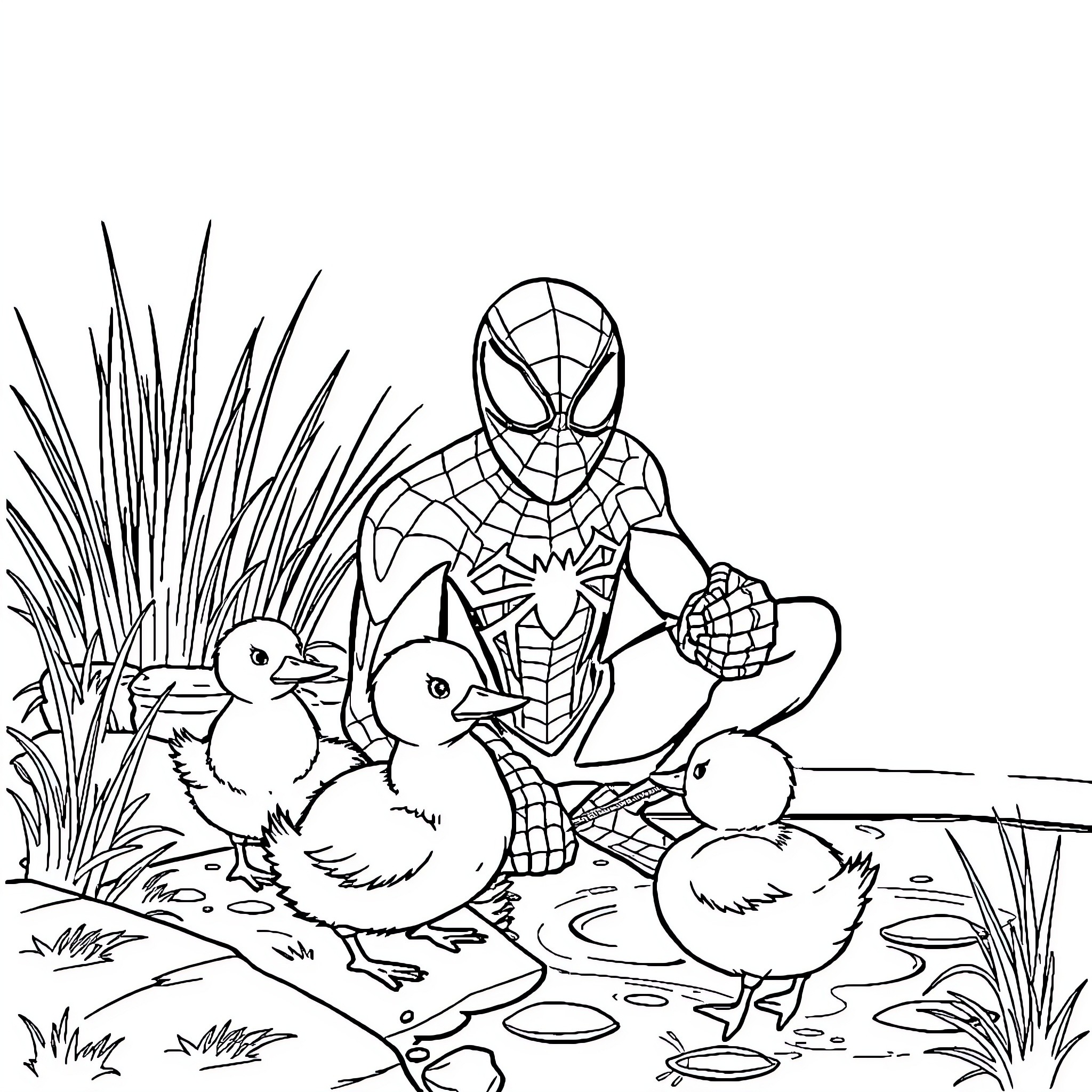 Spider-Man helping ducklings in nature Coloring Page (free black-and-white line drawing printable PDF for all, from beginners to advanced learners, including children, teens, adults, and seniors)