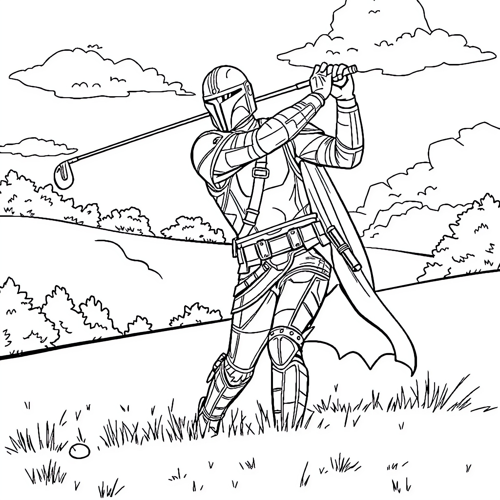 Mandalorian warrior in action-packed scene Coloring Page (free black-and-white line drawing printable PDF for all, from beginners to advanced learners, including children, teens, adults, and seniors)