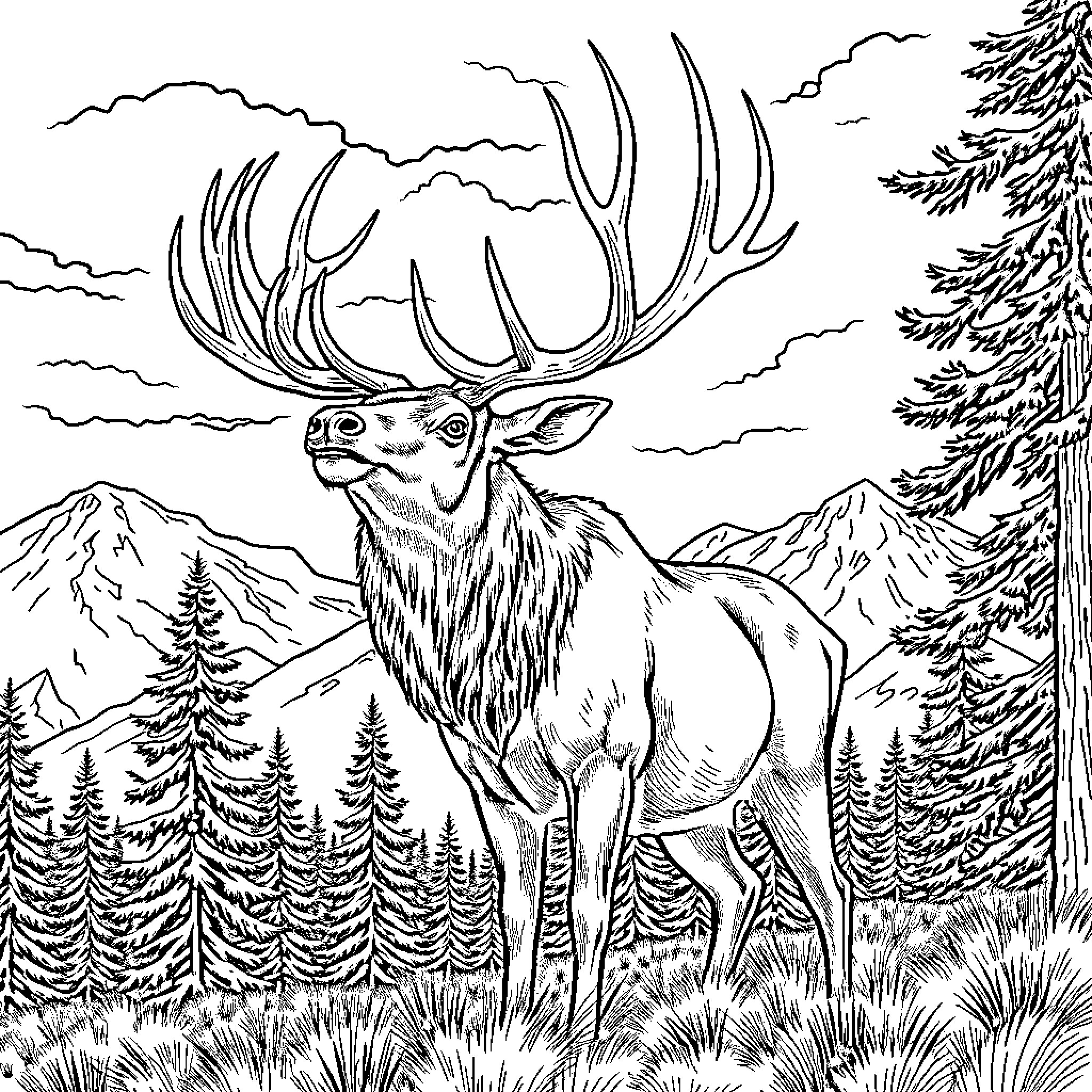 Elk roaring majestically in the wilderness Coloring Page (free black-and-white line drawing printable PDF for all, from beginners to advanced learners, including children, teens, adults, and seniors)