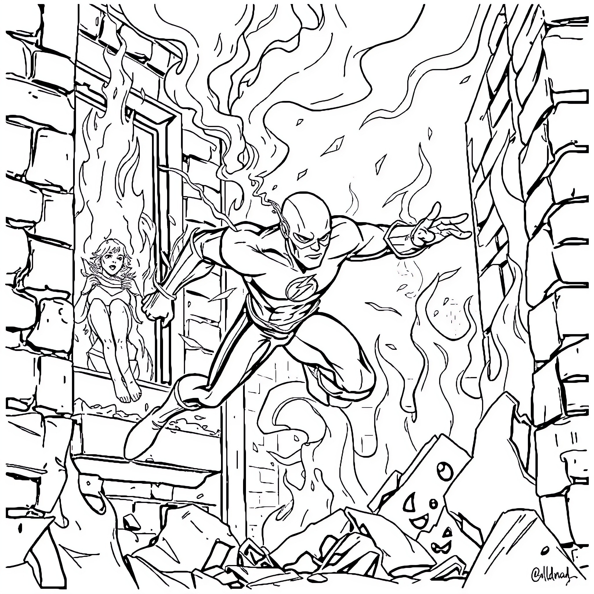 Flash's Heroic Rescue in Rubble Coloring Page (free black-and-white line drawing printable PDF for all, from beginners to advanced learners, including children, teens, adults, and seniors)