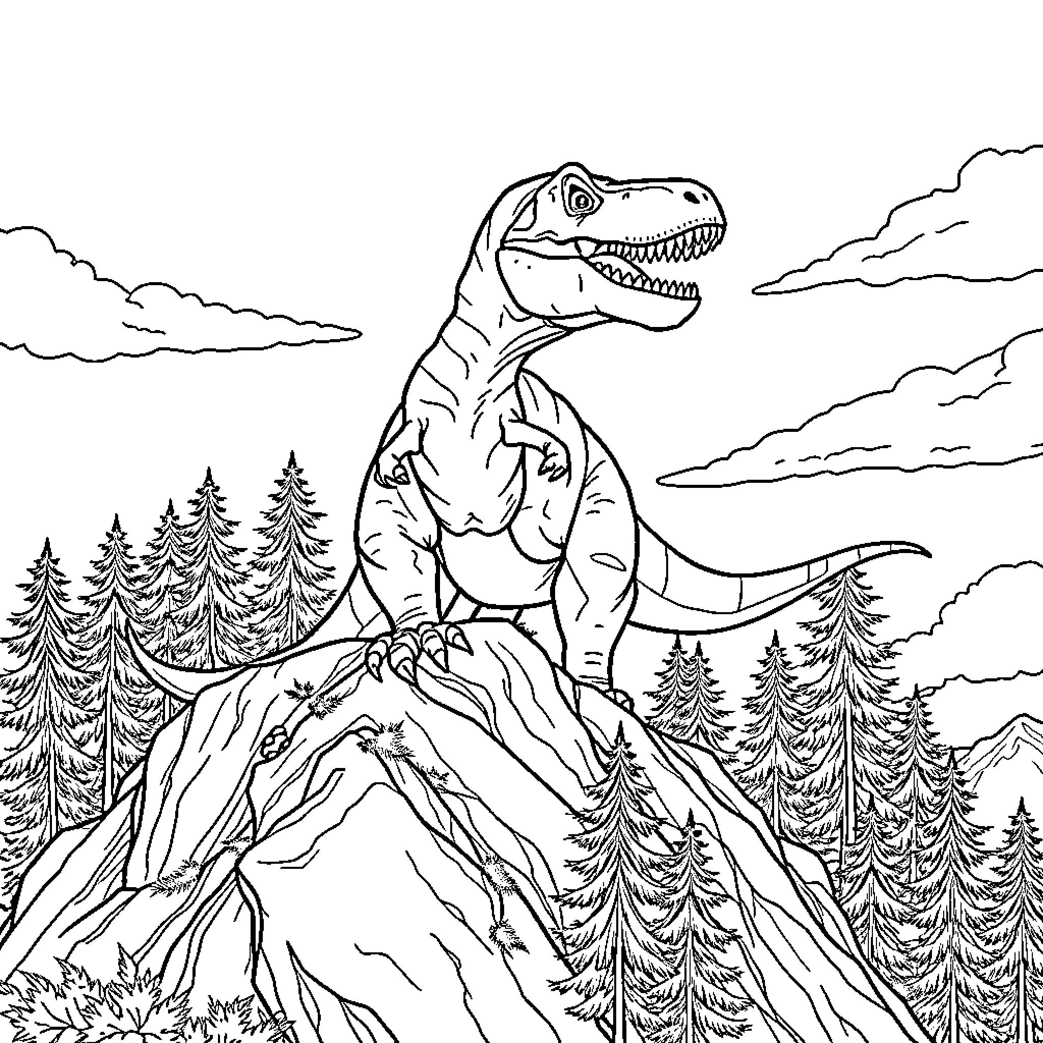 T-Rex Roaring Atop a Snowy Mountain Coloring Page (free black-and-white line drawing printable PDF for all, from beginners to advanced learners, including children, teens, adults, and seniors)