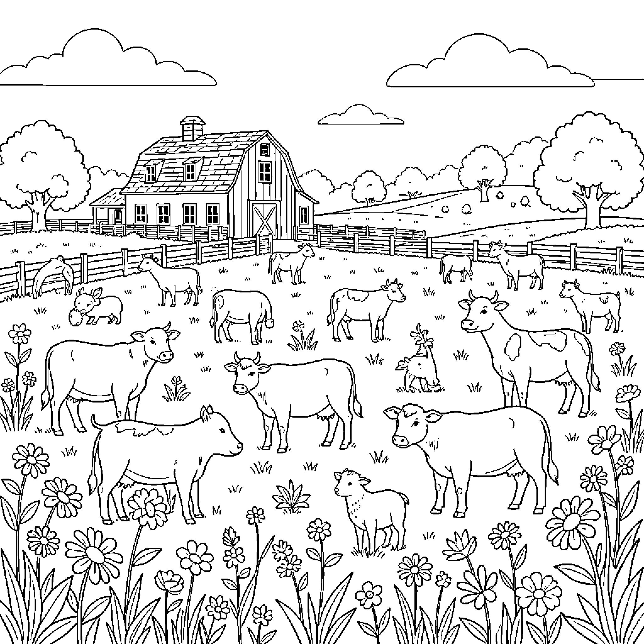 Farm animals grazing peacefully in a grassy meadow Coloring Page (free black-and-white line drawing printable PDF for all, from beginners to advanced learners, including children, teens, adults, and seniors)