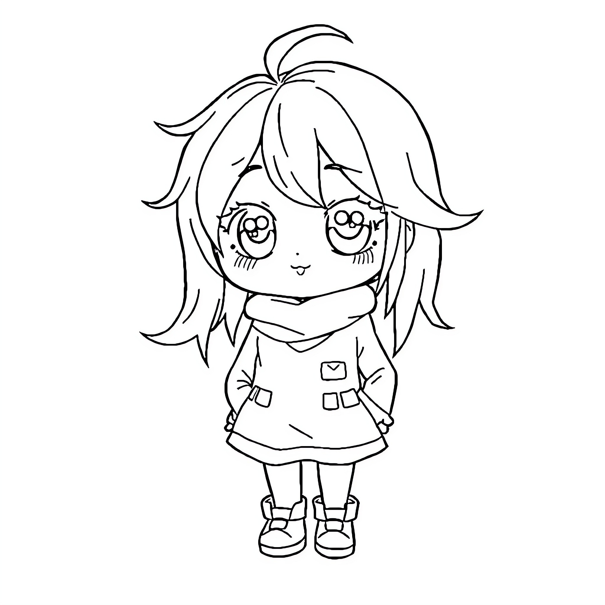 Kawaii girl with big eyes and messy hair Coloring Page (free black-and-white line drawing printable PDF for all, from beginners to advanced learners, including children, teens, adults, and seniors)