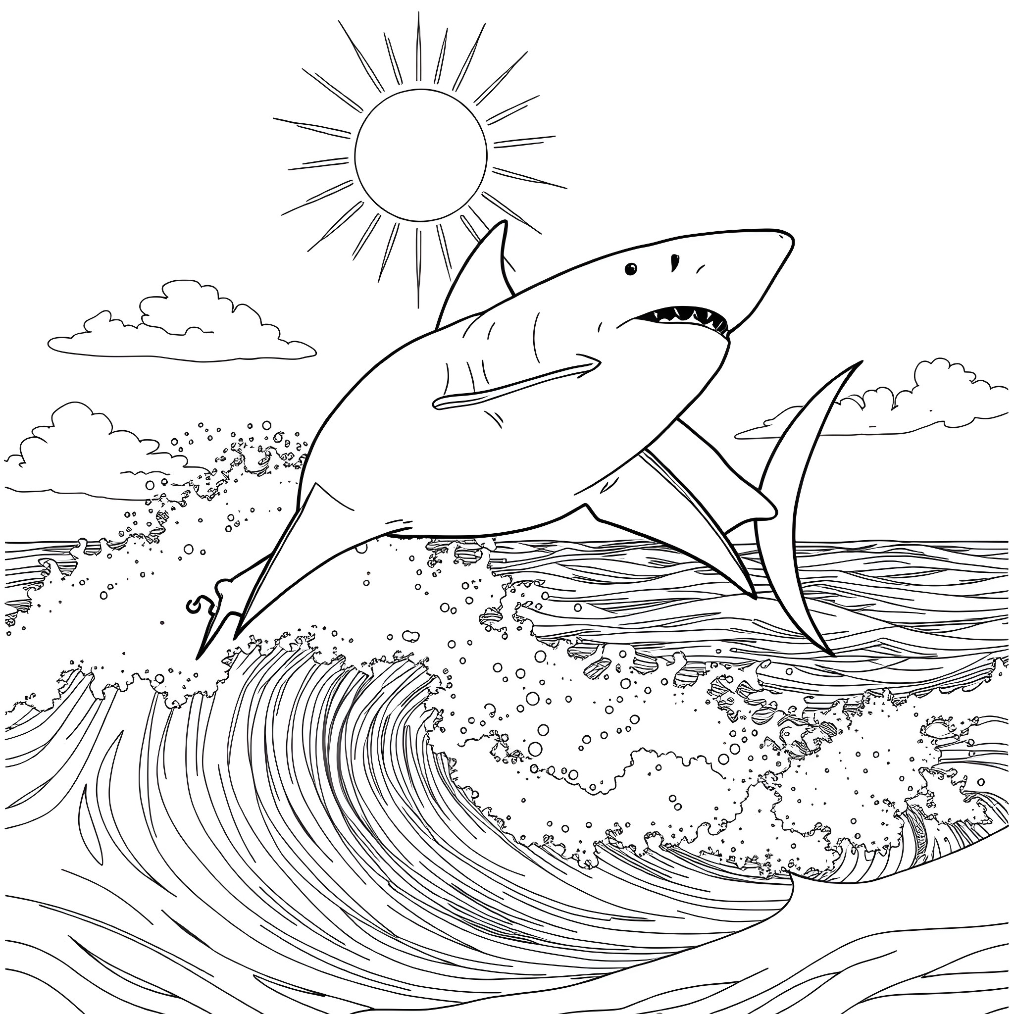 Shark surfing the ocean waves in the sunshine Coloring Page (free black-and-white line drawing printable PDF for all, from beginners to advanced learners, including children, teens, adults, and seniors)