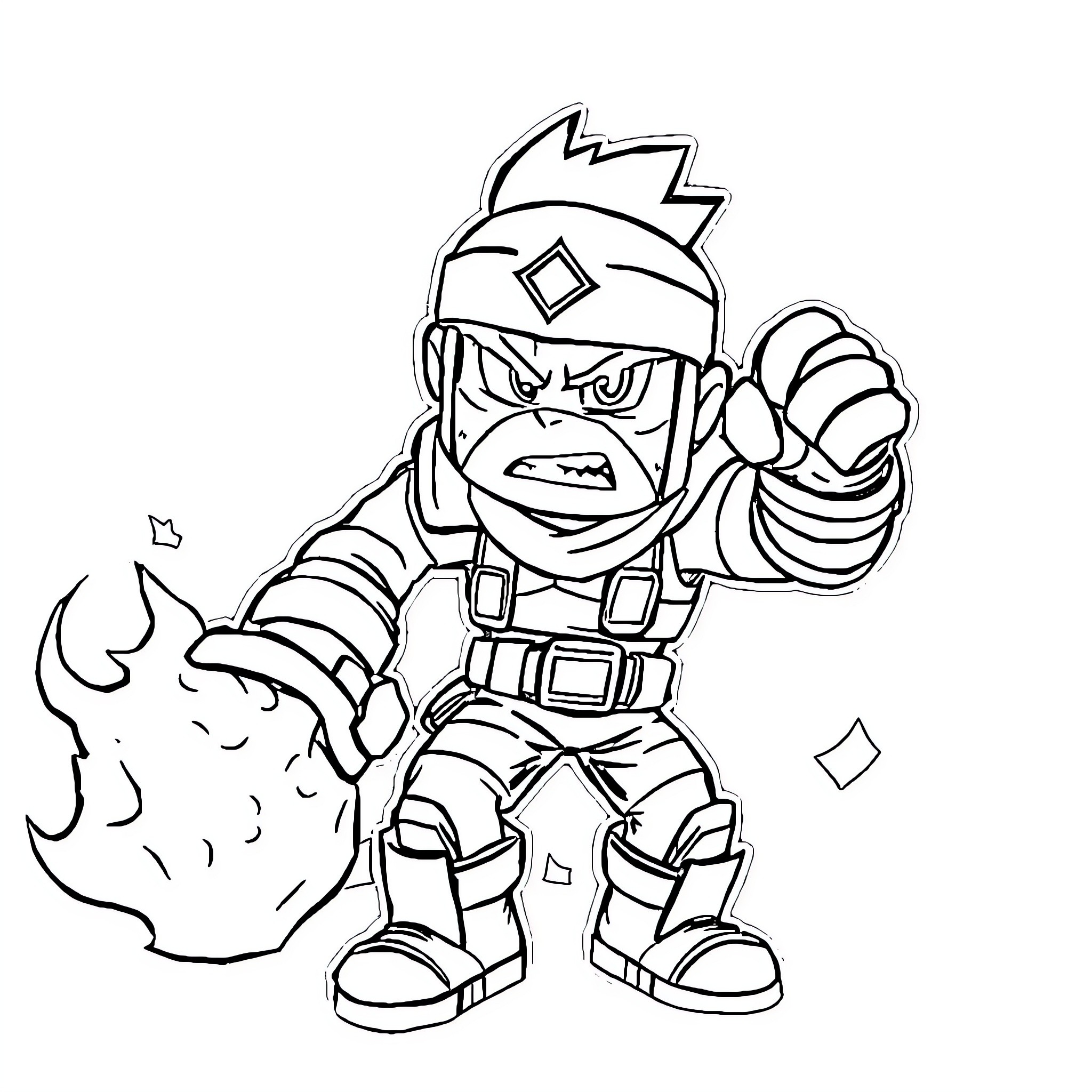 Brawler attacking with fiery fist Coloring Page (free black-and-white line drawing printable PDF for all, from beginners to advanced learners, including children, teens, adults, and seniors)