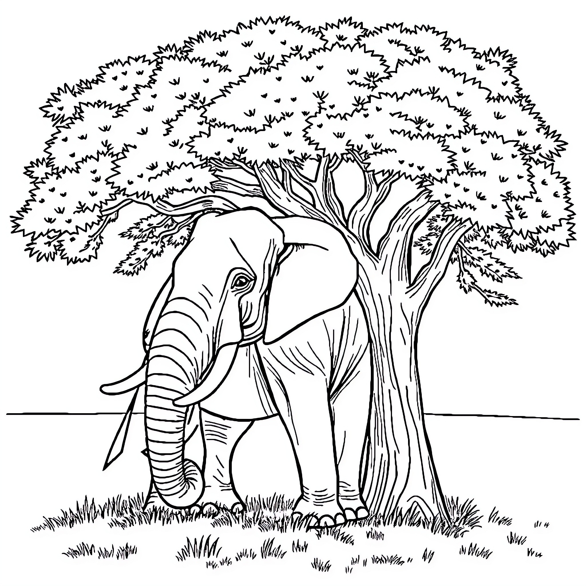 Elephant standing under a large tree Coloring Page (free black-and-white line drawing printable PDF for all, from beginners to advanced learners, including children, teens, adults, and seniors)