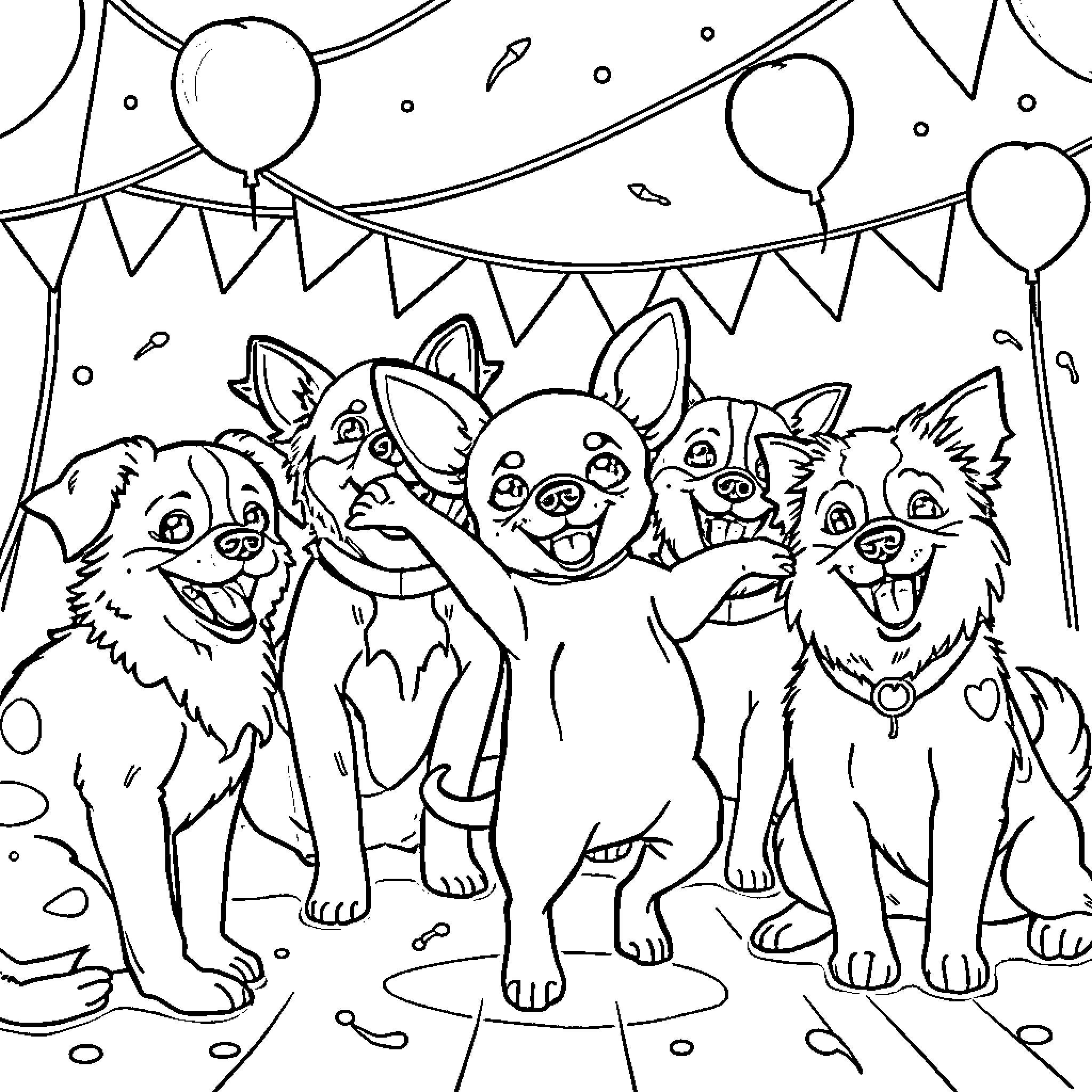 Chihuahua dogs celebrating a party with decorations Coloring Page (free black-and-white line drawing printable PDF for all, from beginners to advanced learners, including children, teens, adults, and seniors)
