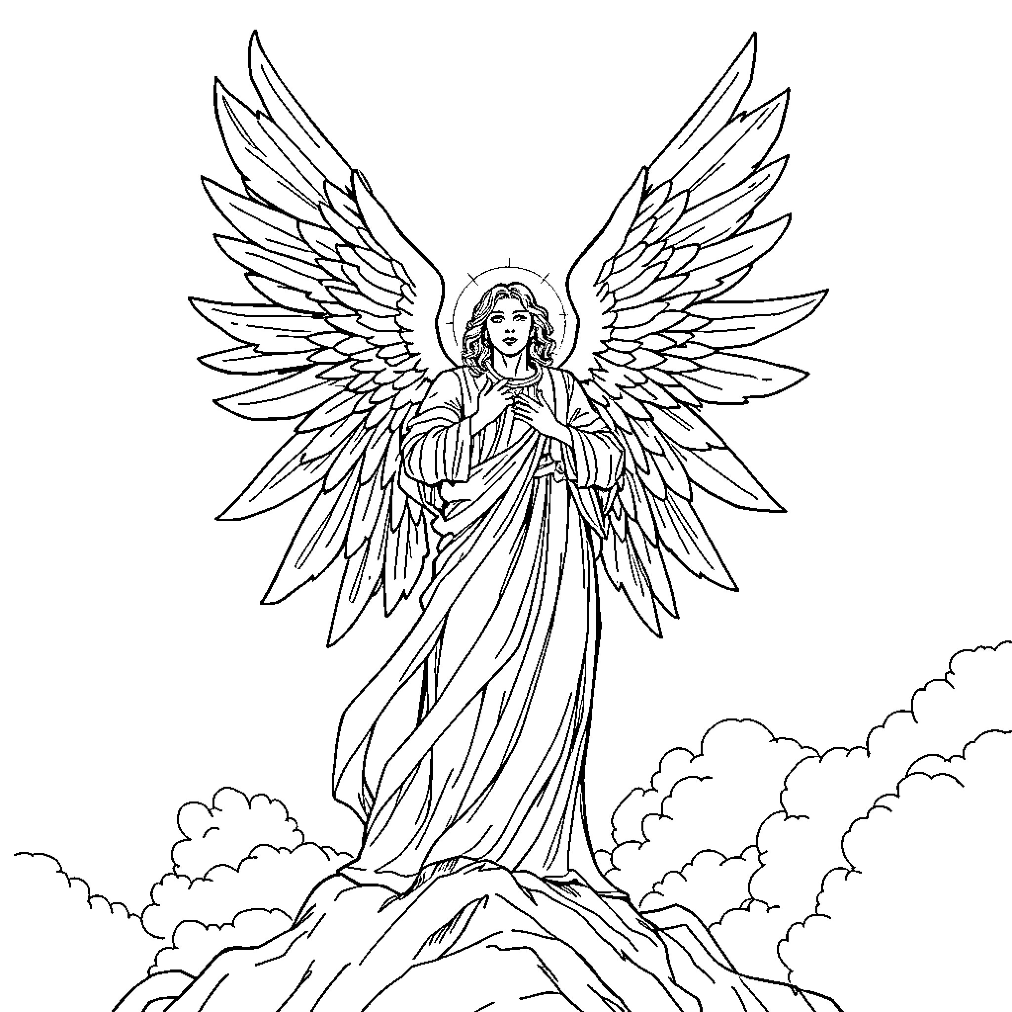 Angel in flowing robes with outstretched wings Coloring Page (free black-and-white line drawing printable PDF for all, from beginners to advanced learners, including children, teens, adults, and seniors)