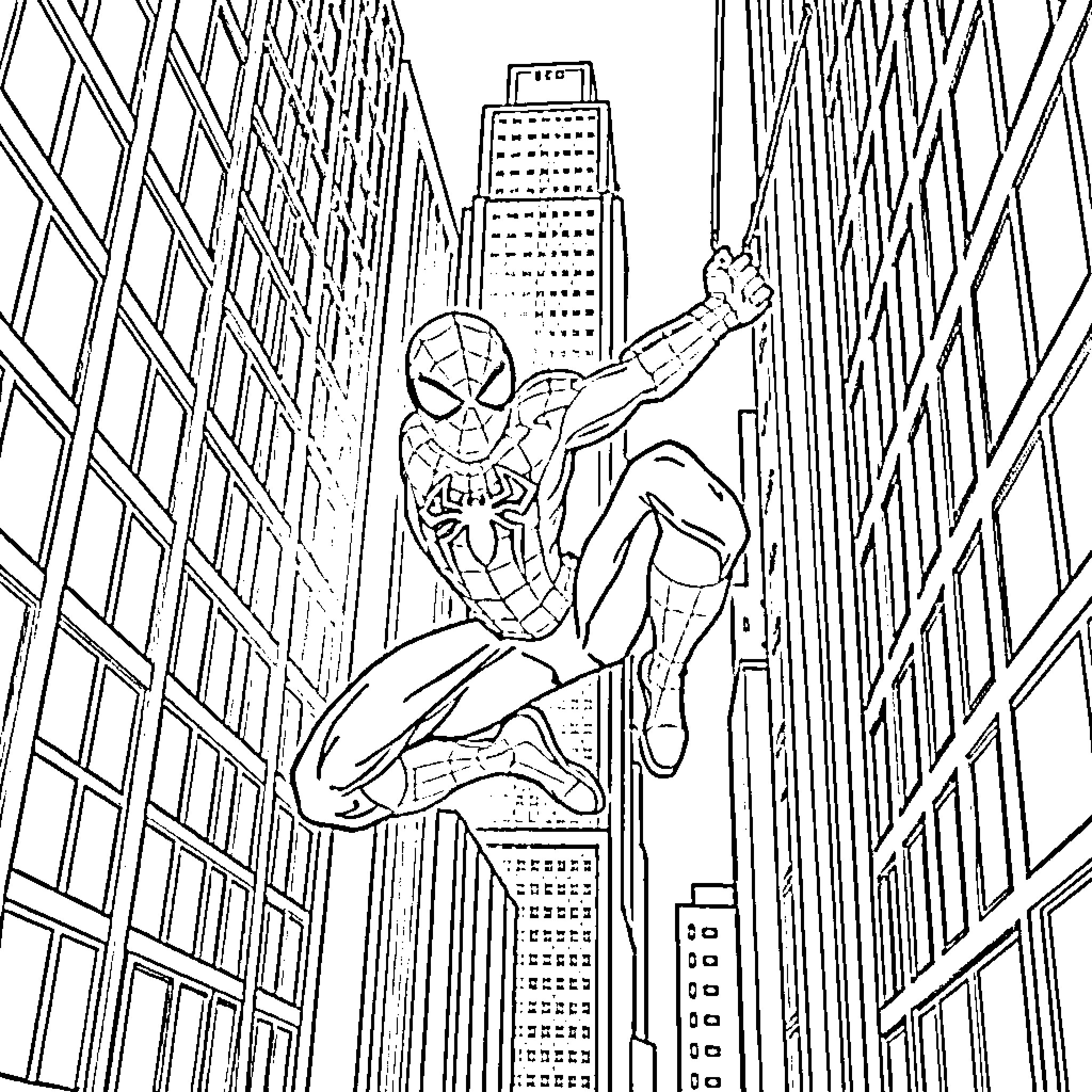 Spiderman swinging through the city skyline Coloring Page (free black-and-white line drawing printable PDF for all, from beginners to advanced learners, including children, teens, adults, and seniors)