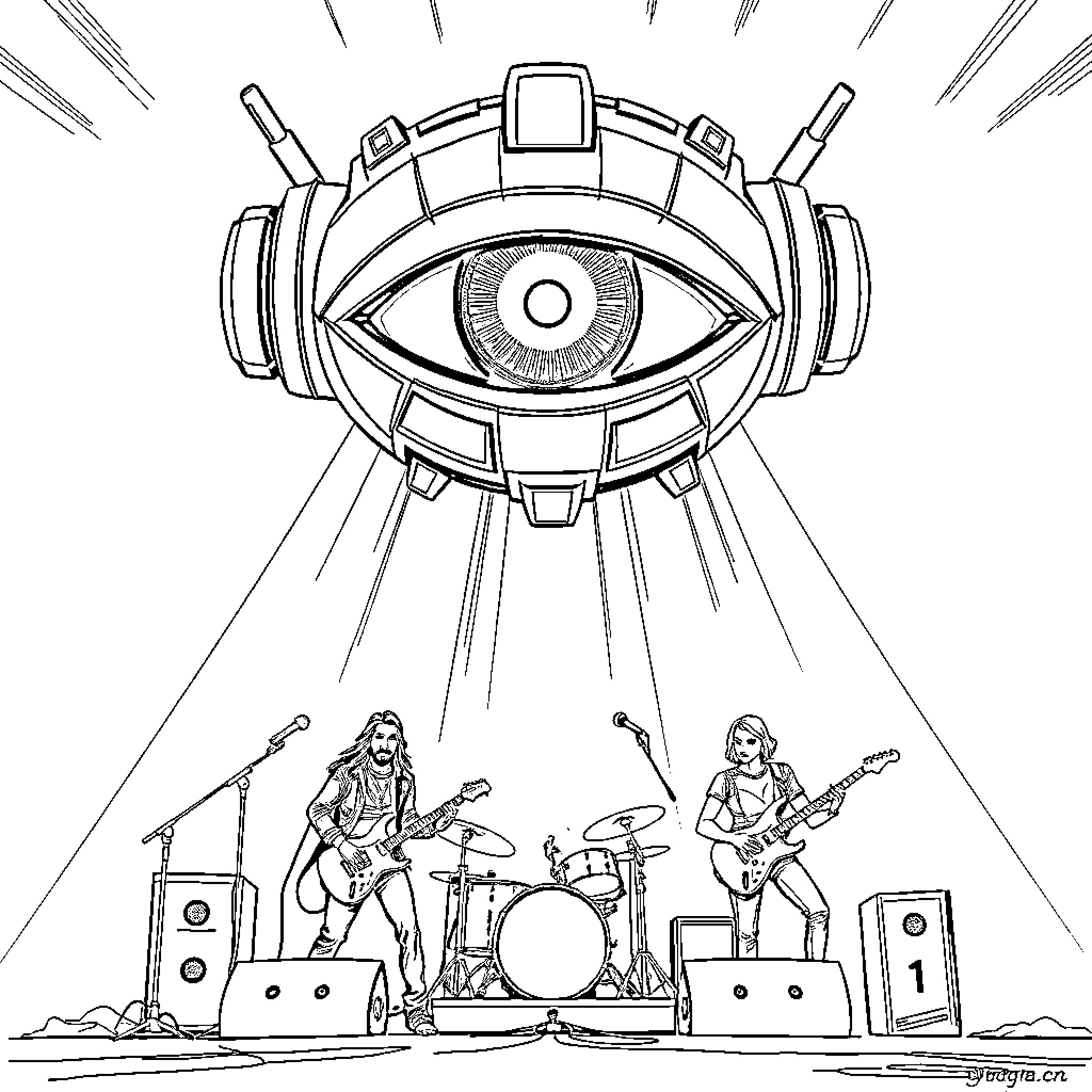 Robot Eye Observing Rock Band Performance Coloring Page (free black-and-white line drawing printable PDF for all, from beginners to advanced learners, including children, teens, adults, and seniors)
