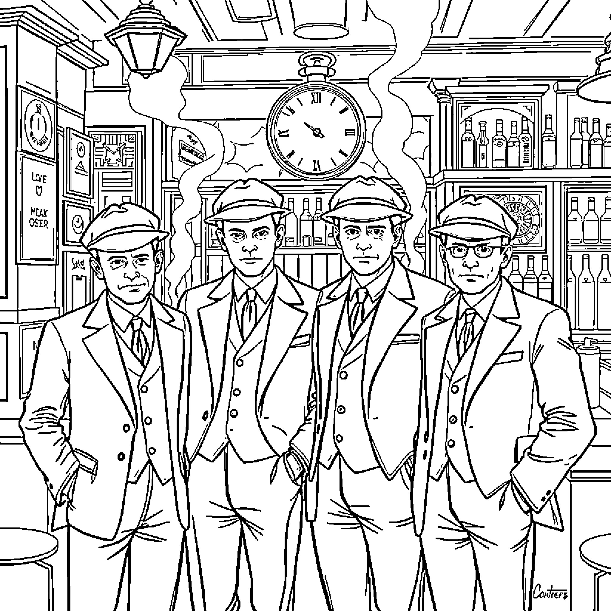 Brother businessman team standing at bar Coloring Page (free black-and-white line drawing printable PDF for all, from beginners to advanced learners, including children, teens, adults, and seniors)