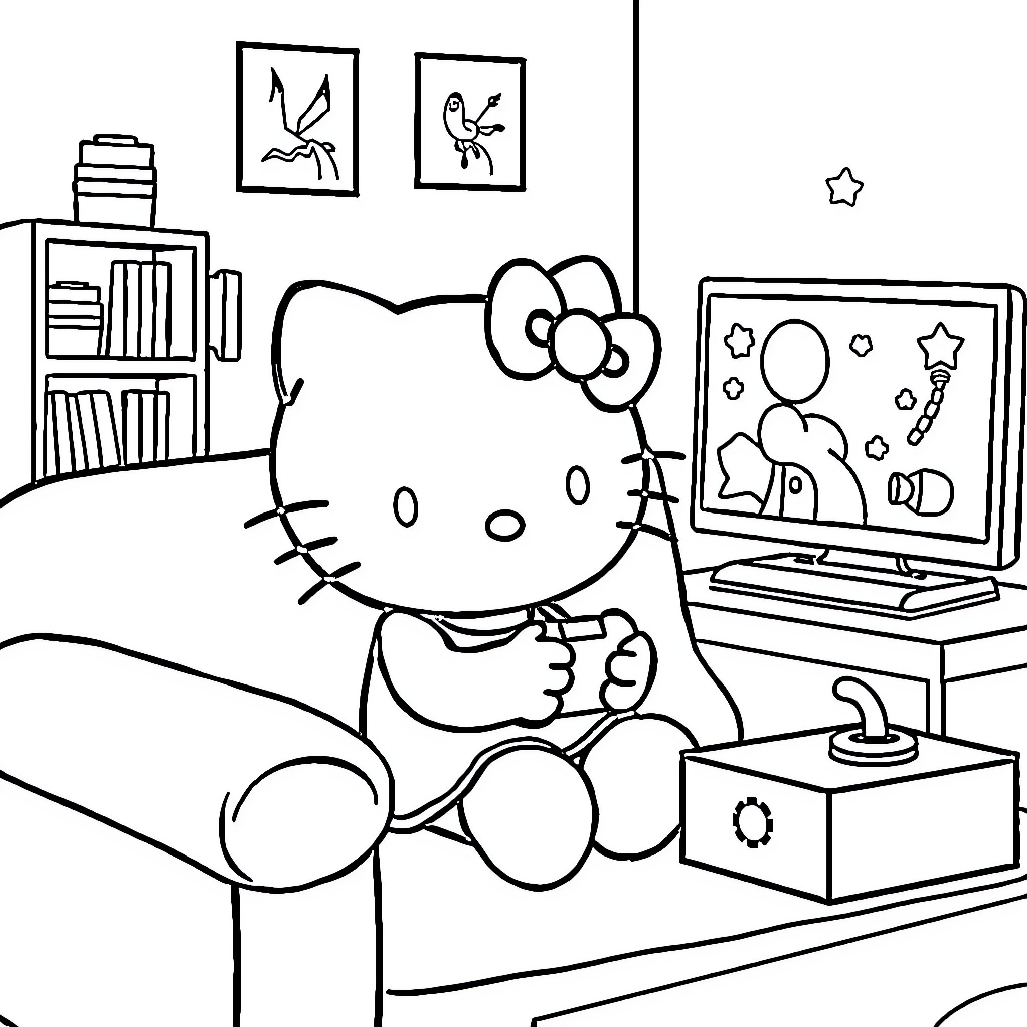 Hello Kitty playing games on the computer Coloring Page (free black-and-white line drawing printable PDF for all, from beginners to advanced learners, including children, teens, adults, and seniors)