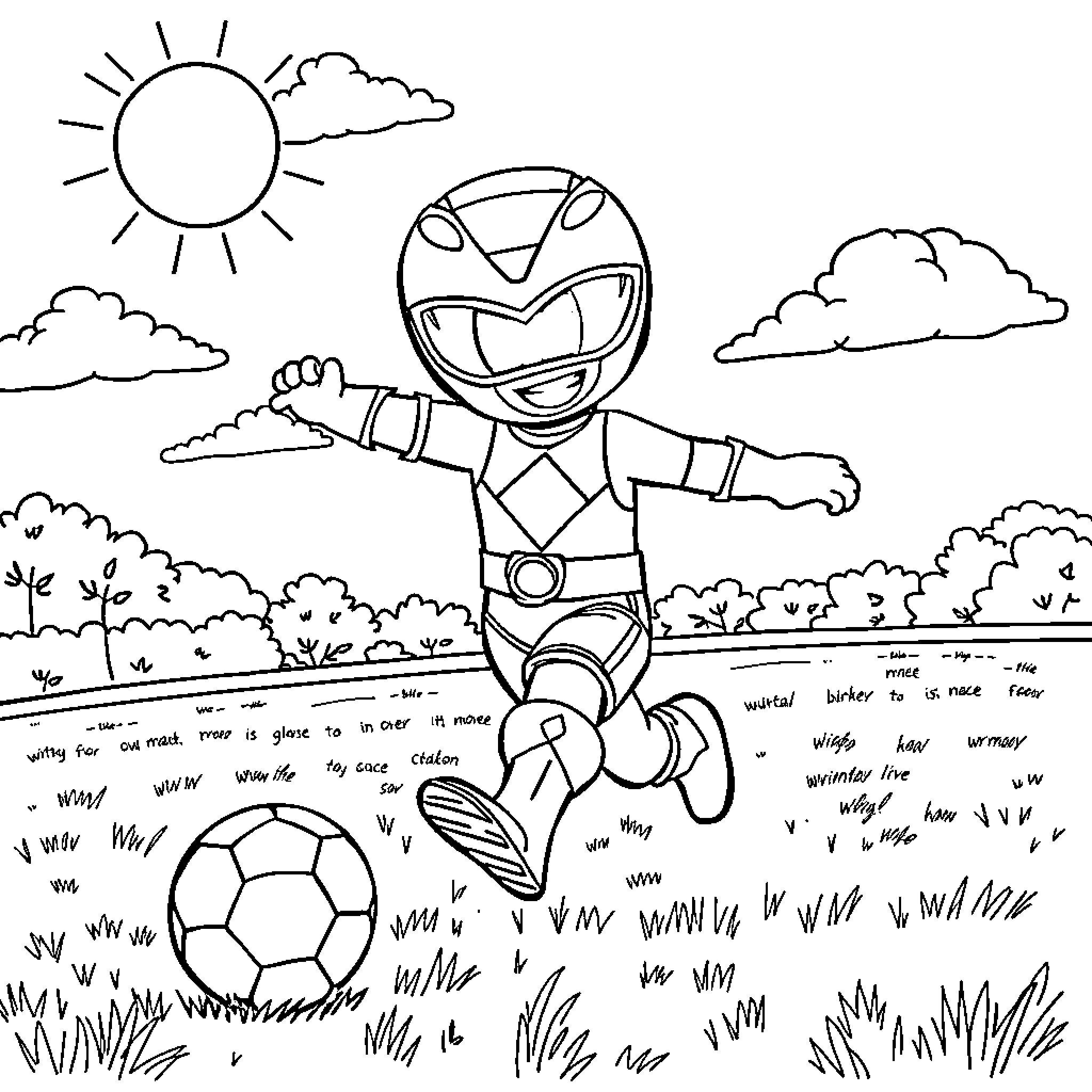 Power Ranger Playing Soccer in the Meadow Coloring Page (free black-and-white line drawing printable PDF for all, from beginners to advanced learners, including children, teens, adults, and seniors)