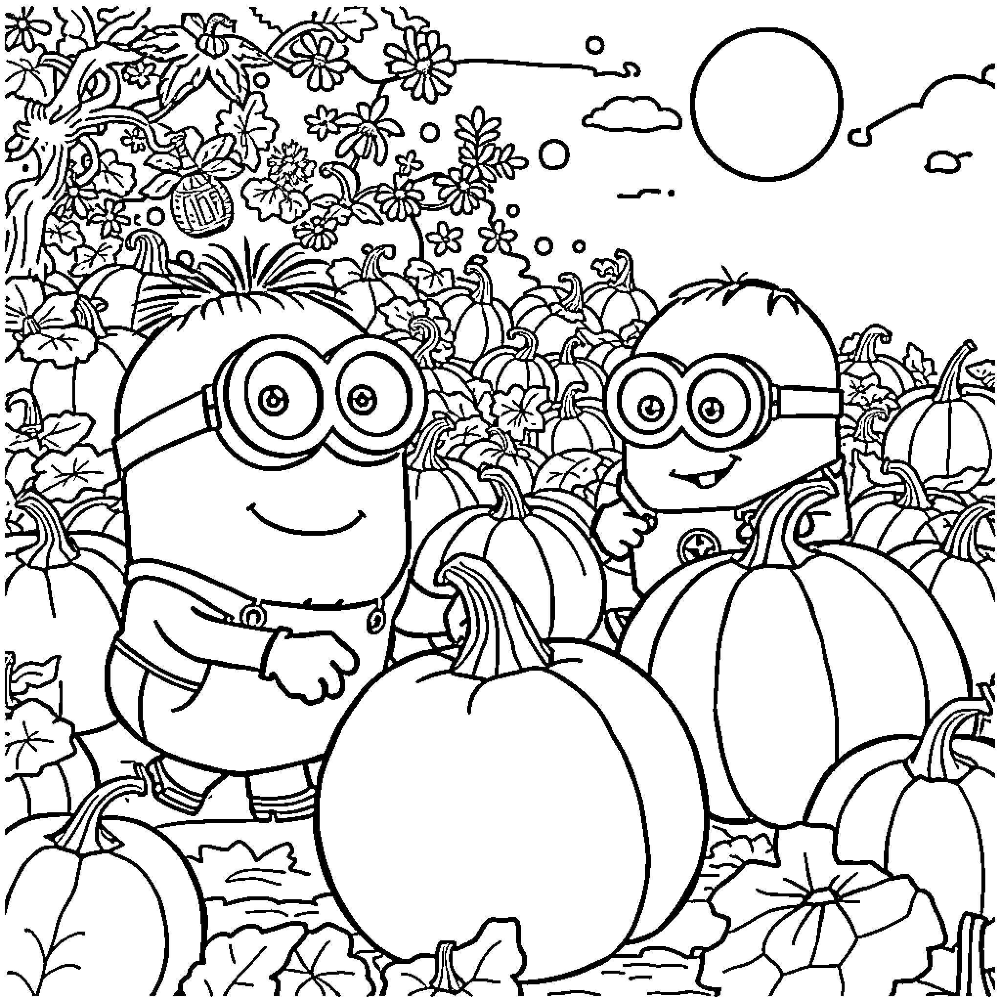 Minions enjoying a festive autumn scene Coloring Page (free black-and-white line drawing printable PDF for all, from beginners to advanced learners, including children, teens, adults, and seniors)