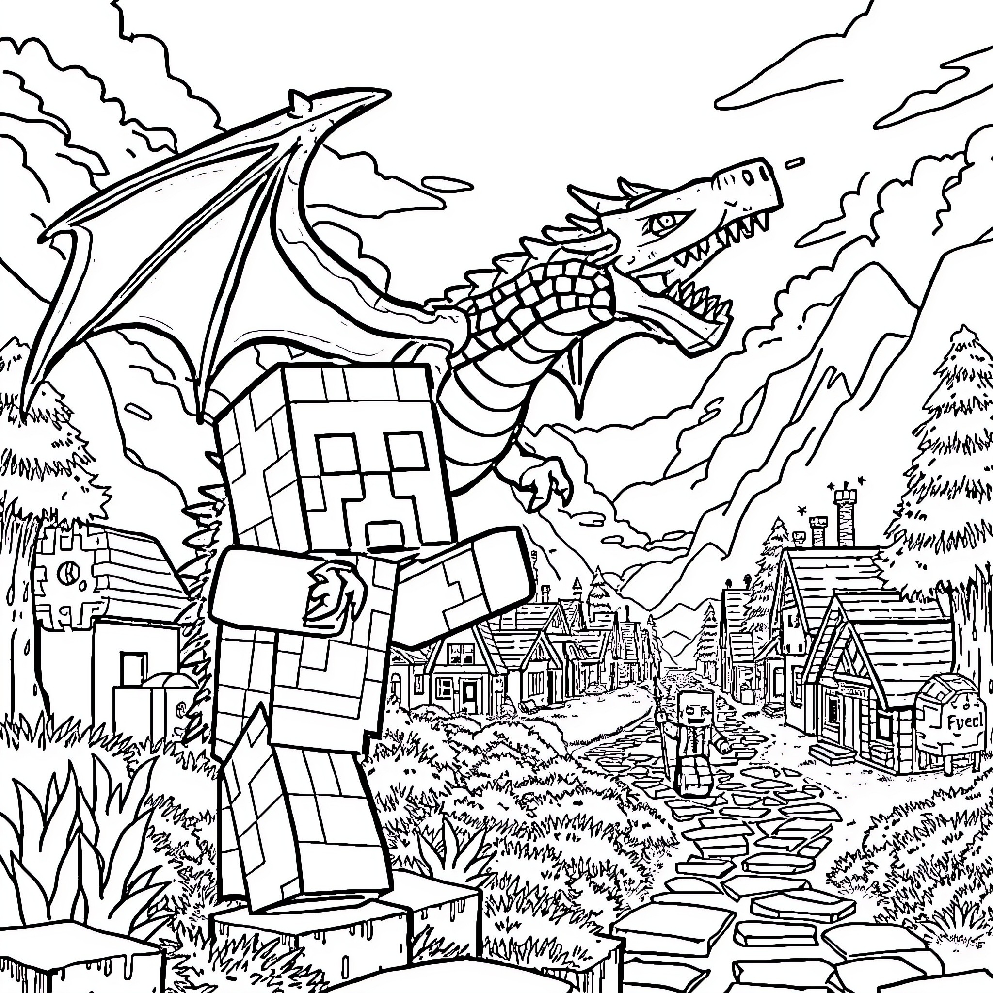 Creeper dragon terrorizing a medieval village Coloring Page (free black-and-white line drawing printable PDF for all, from beginners to advanced learners, including children, teens, adults, and seniors)