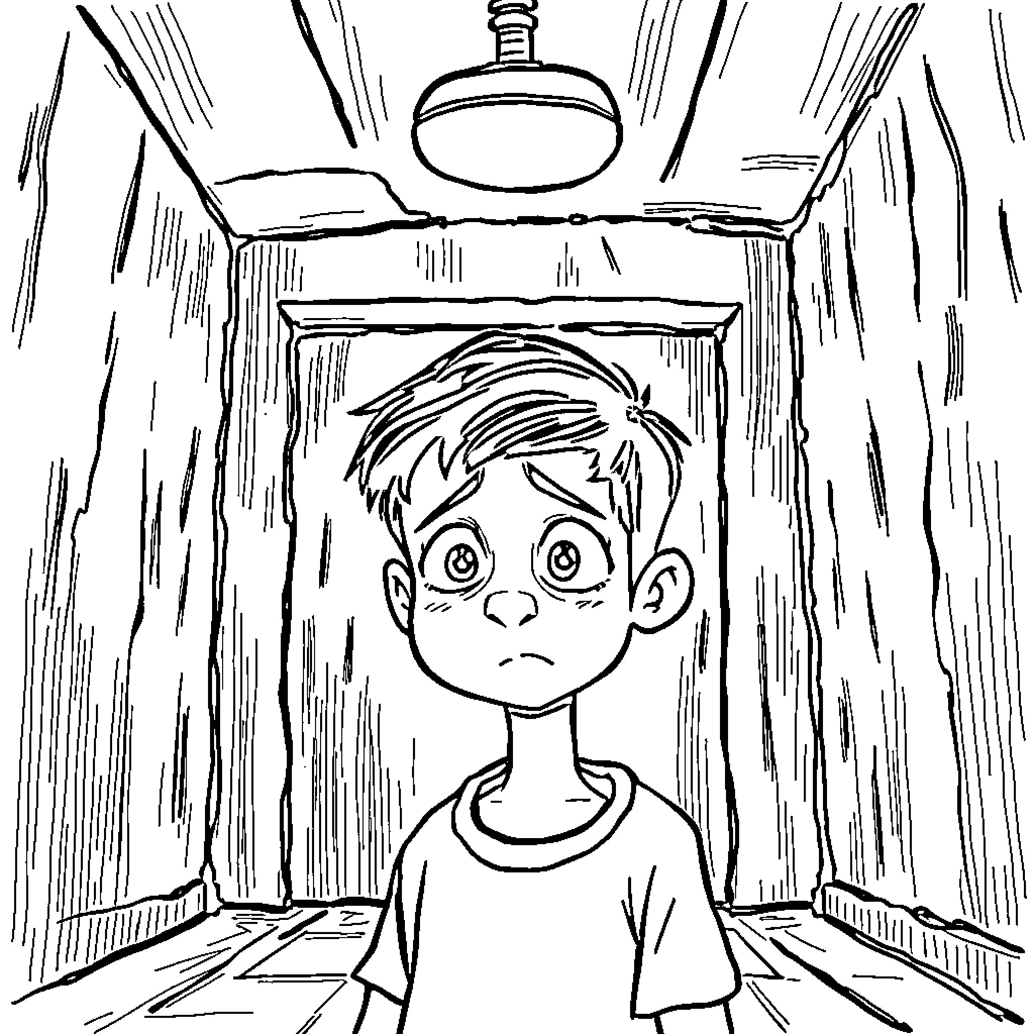 Boy caught under bright light in mysterious room Coloring Page (free black-and-white line drawing printable PDF for all, from beginners to advanced learners, including children, teens, adults, and seniors)