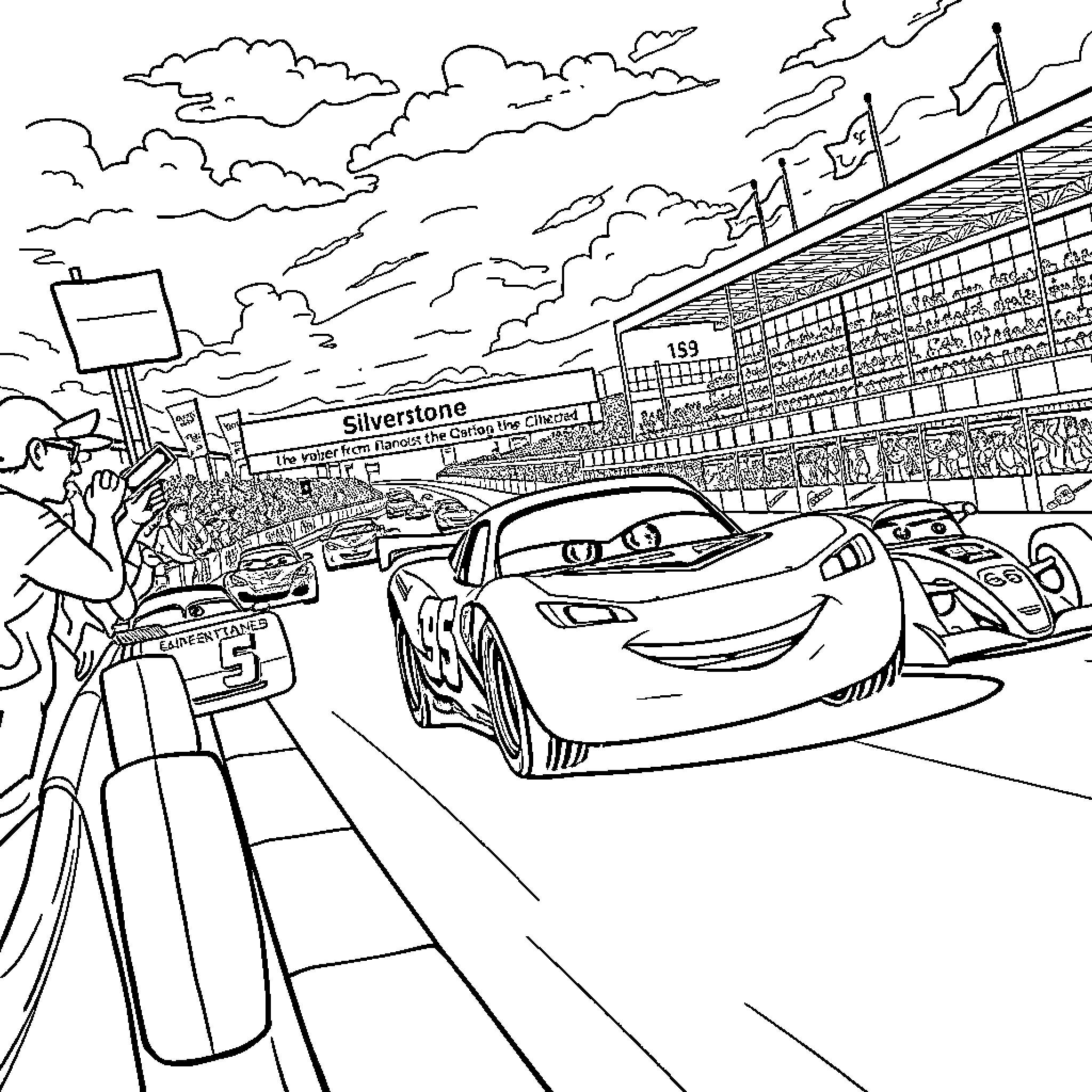 Lightning McQueen racing in a grand stadium event Coloring Page (free black-and-white line drawing printable PDF for all, from beginners to advanced learners, including children, teens, adults, and seniors)