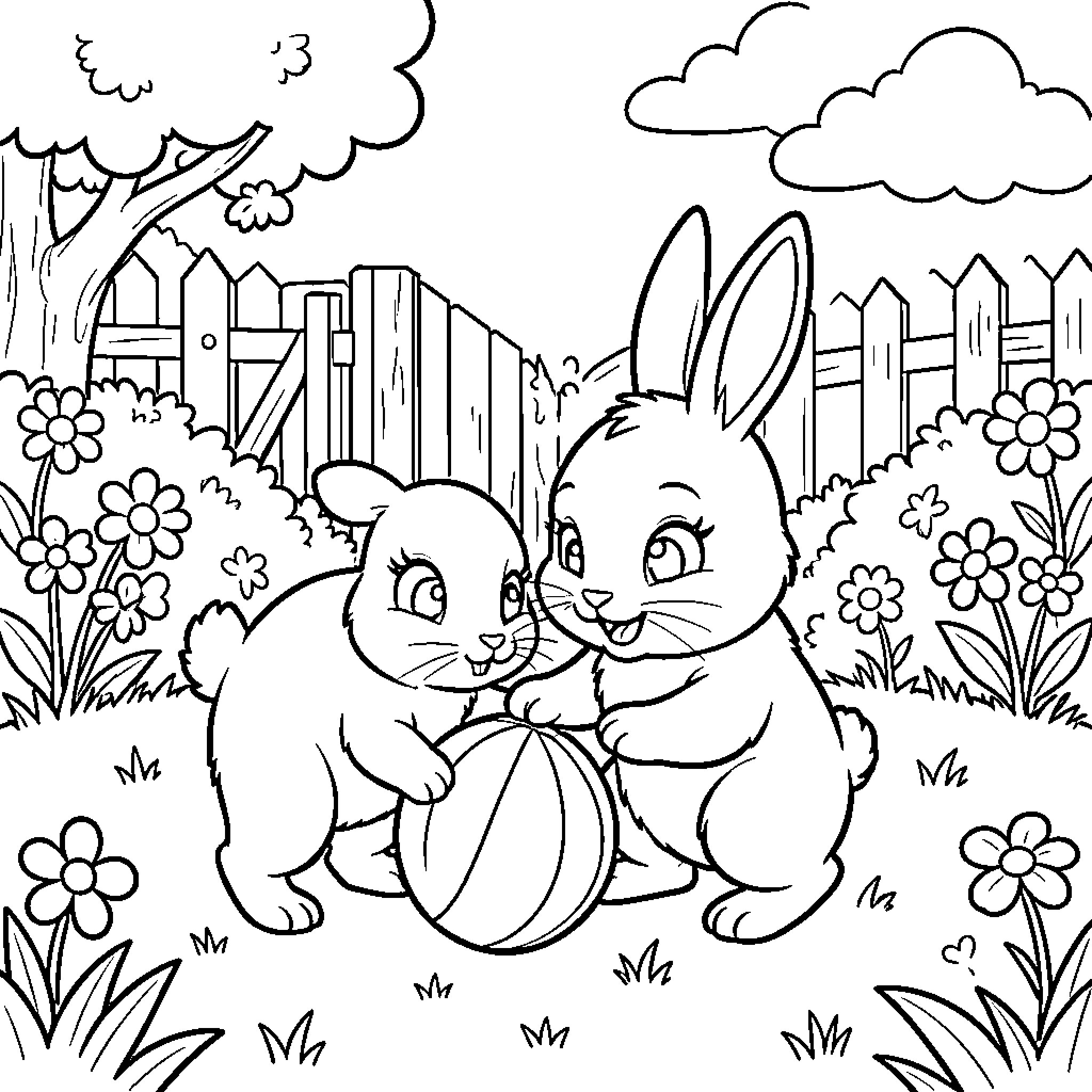 Bunny playing happily with a ball in the garden Coloring Page (free black-and-white line drawing printable PDF for all, from beginners to advanced learners, including children, teens, adults, and seniors)